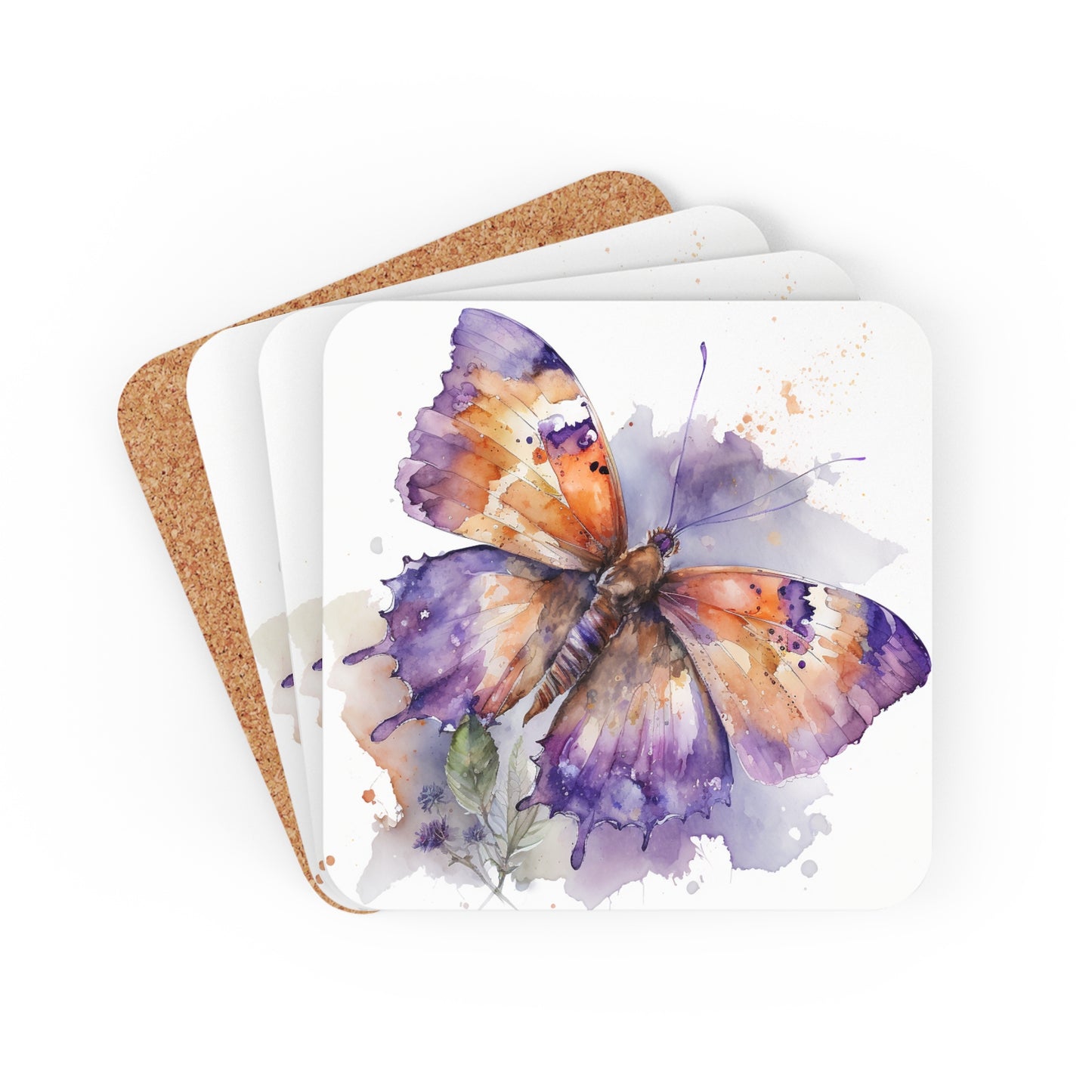 Corkwood Coaster Set MerlinRose Watercolor Butterfly 1