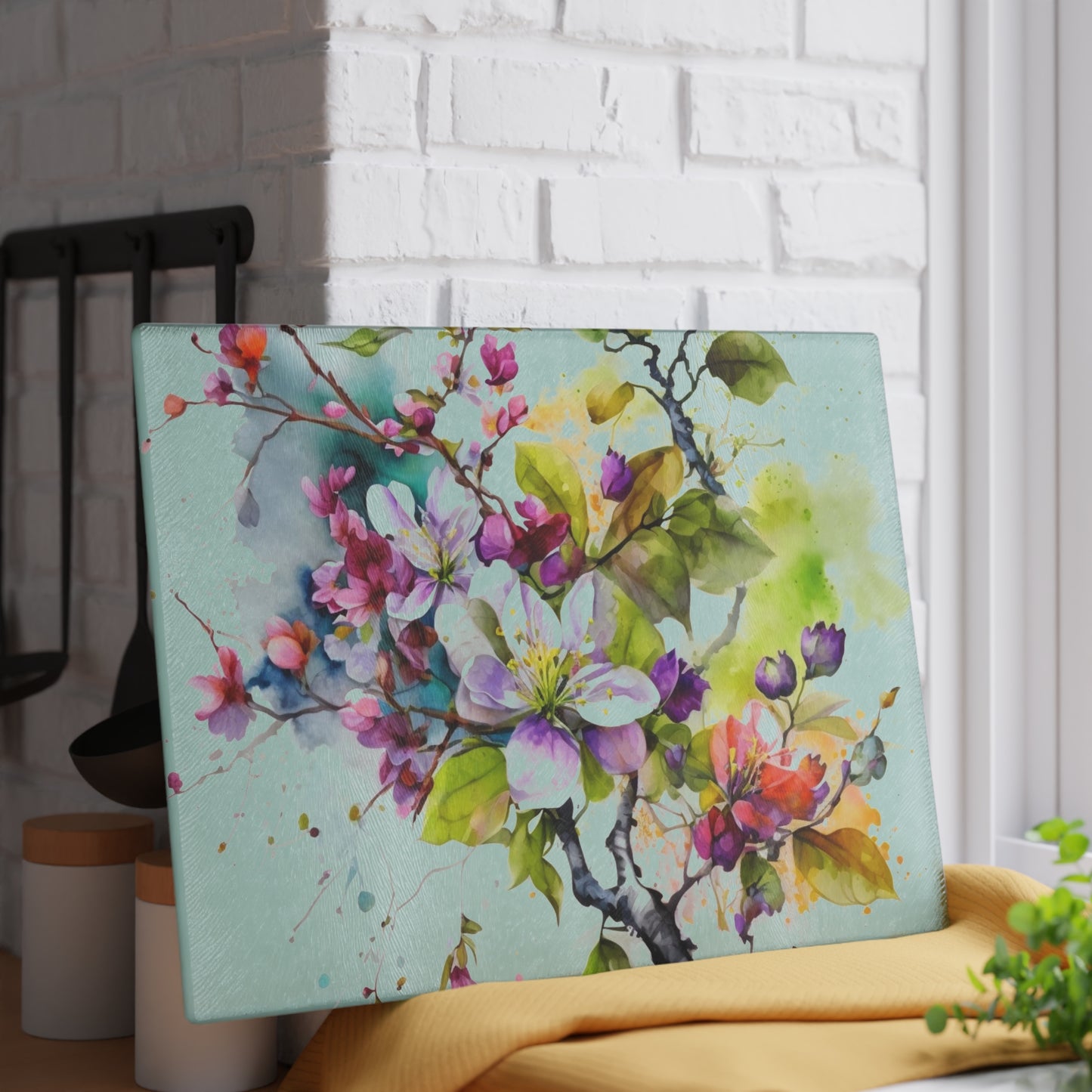 Glass Cutting Board Mother Nature Bright Spring Colors Realistic Watercolor 4
