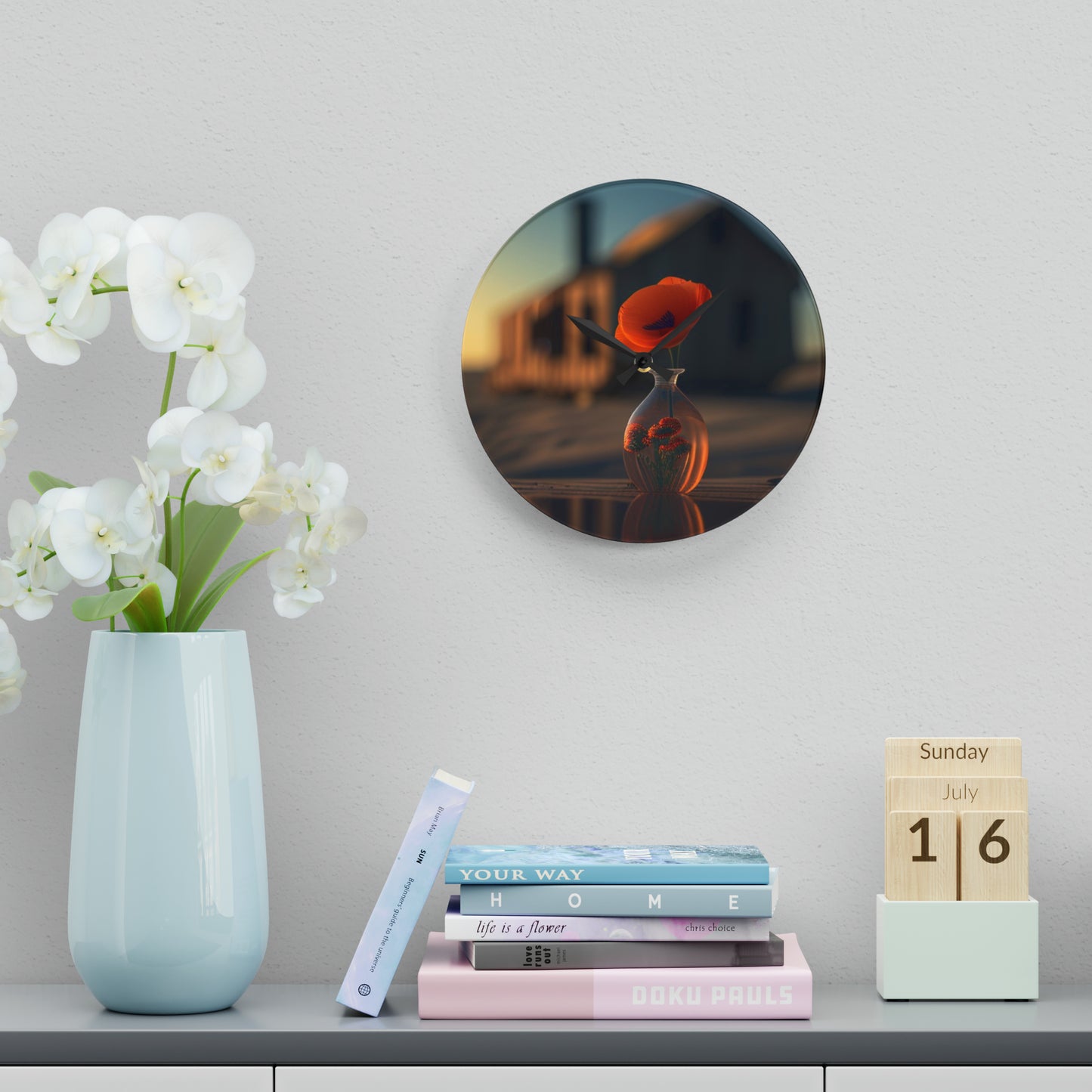 Acrylic Wall Clock Orange Poppy in a Vase 3