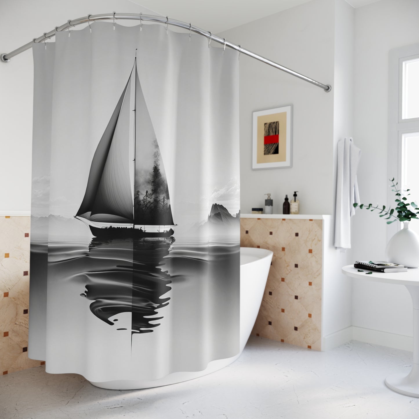 Polyester Shower Curtain Black and white sailboat 3