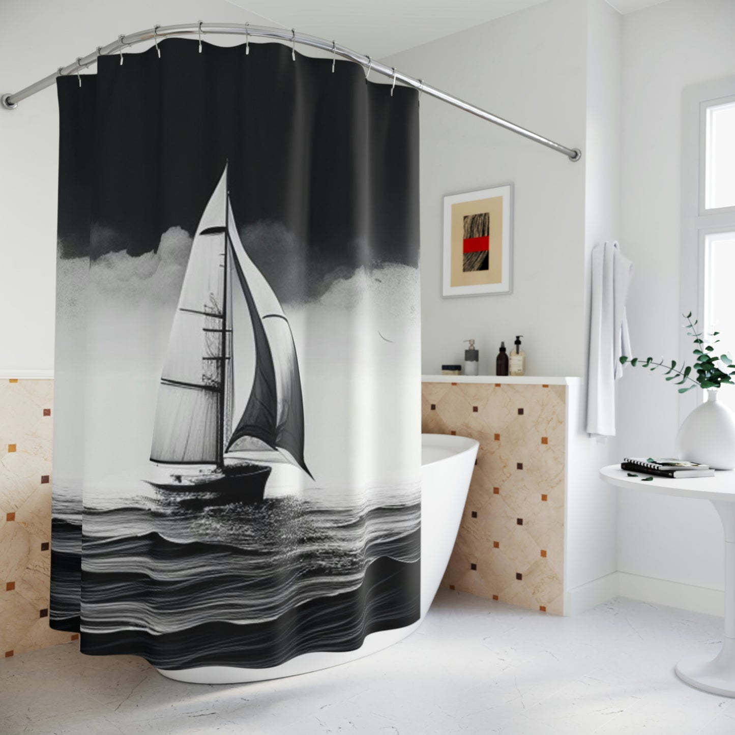 Polyester Shower Curtain black and white sailboat 4