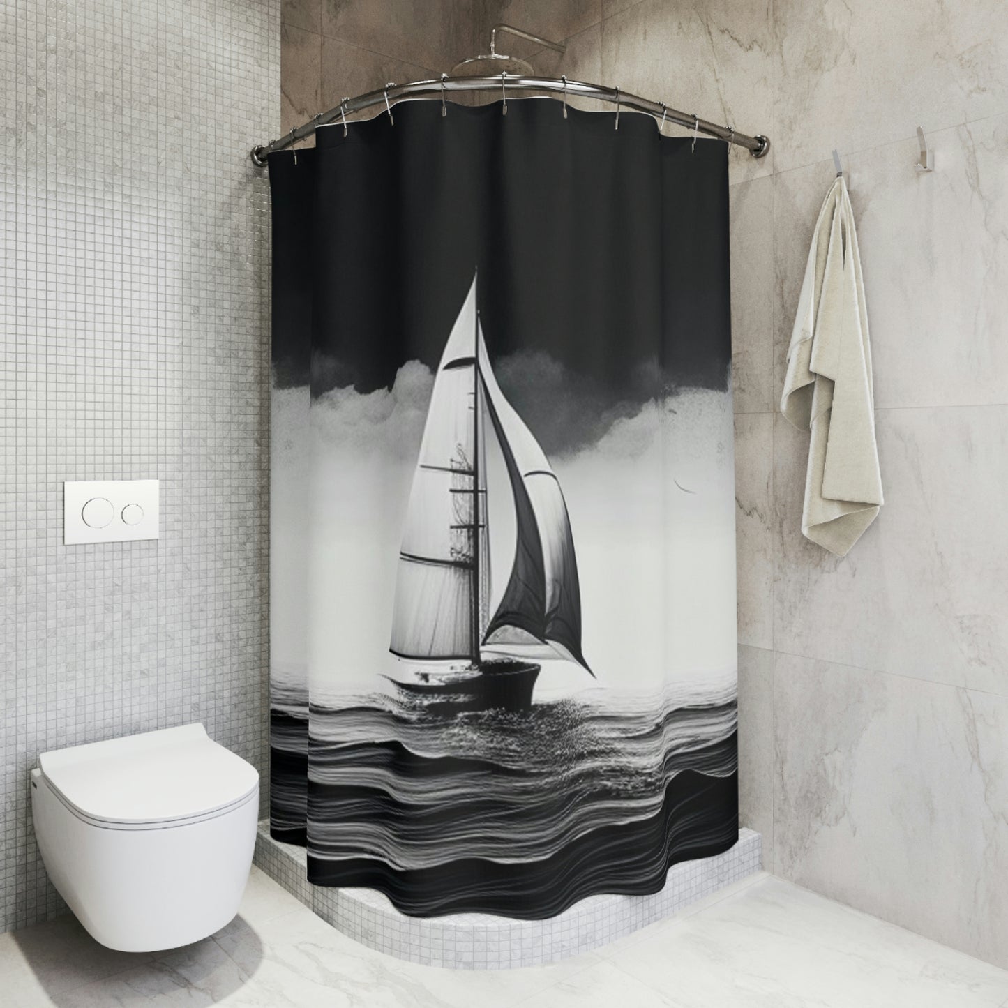 Polyester Shower Curtain black and white sailboat 4