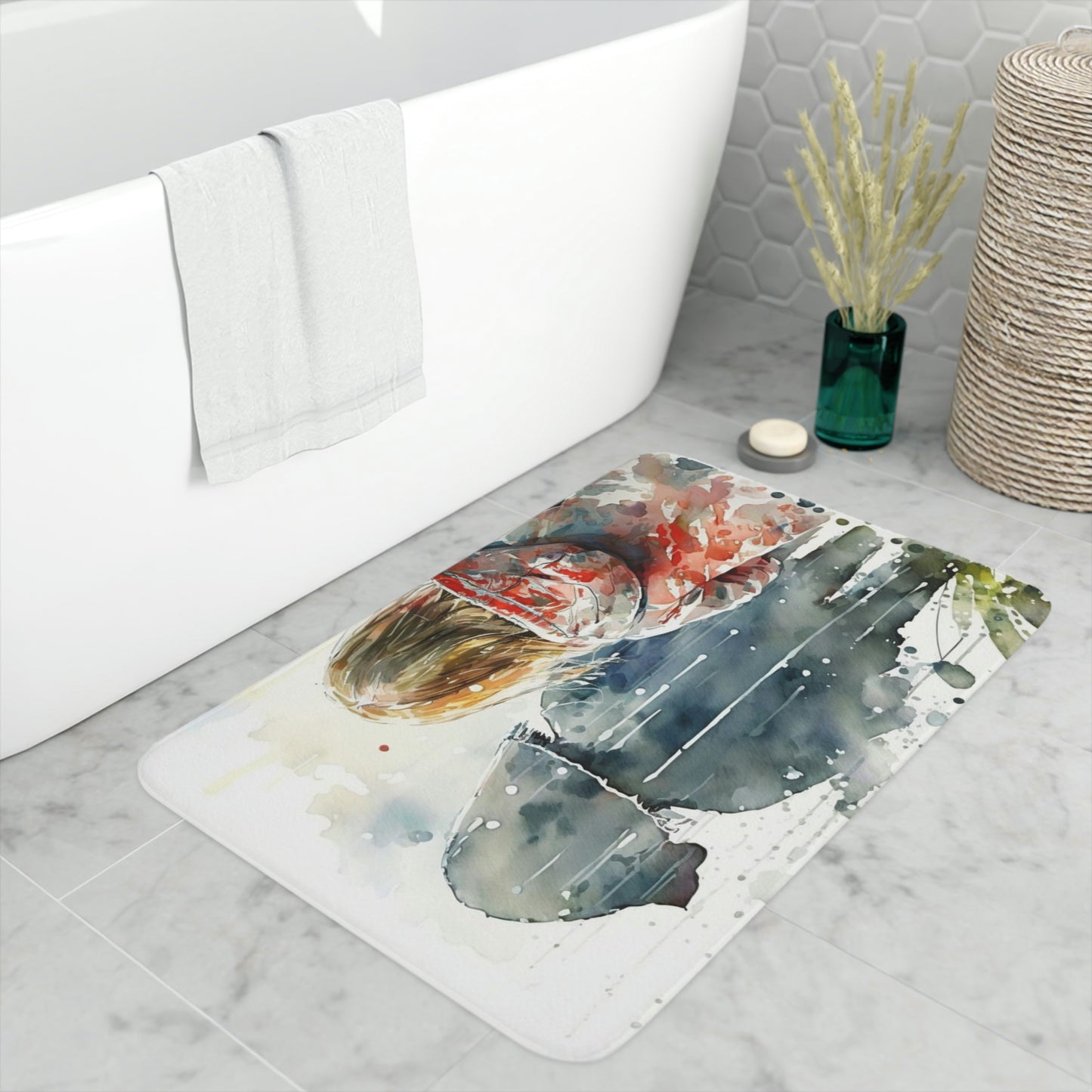 Memory Foam Bath Mat girl rain watercolor 3