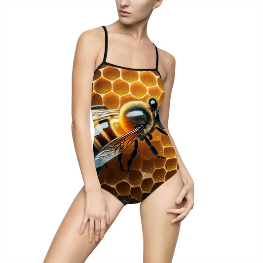 Women's One-piece Swimsuit (AOP) Macro Bee 1