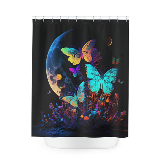 Polyester Shower Curtain florescent butterflys moon 1