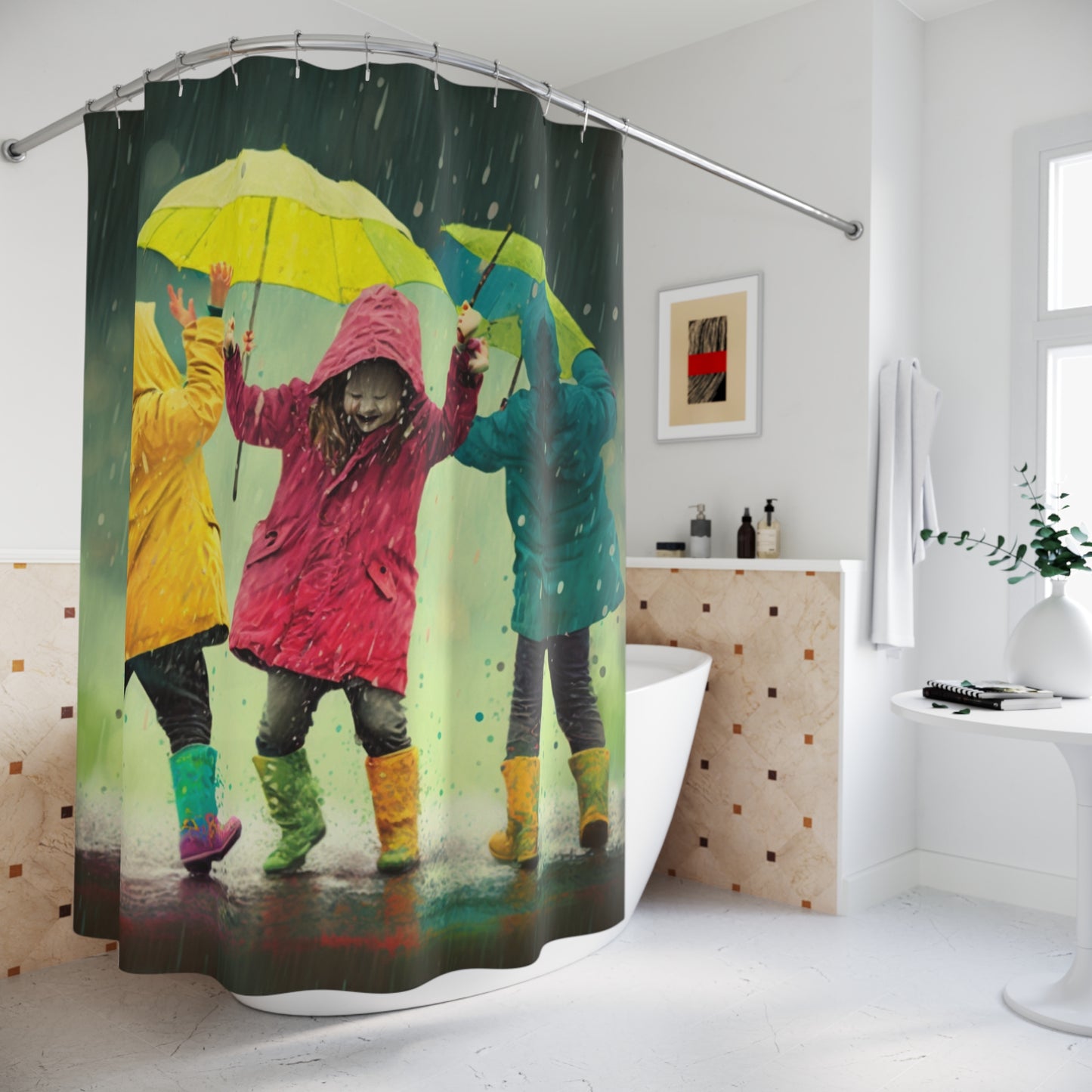 Polyester Shower Curtain kids dancing rain 2