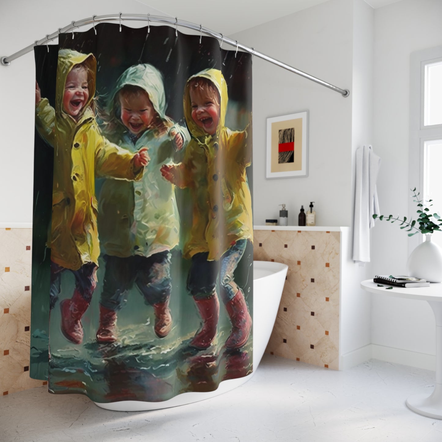 Polyester Shower Curtain kids dancing rain 9