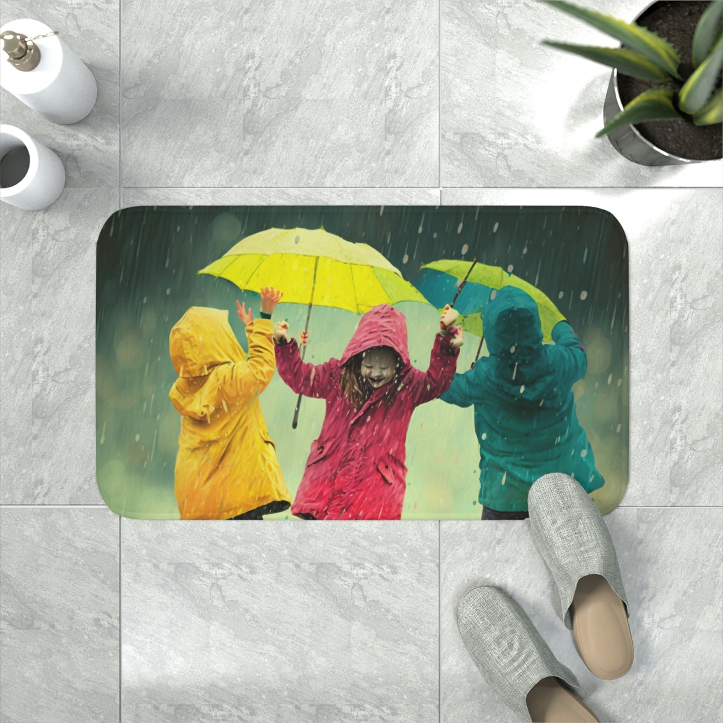 Memory Foam Bath Mat kids dancing rain 2