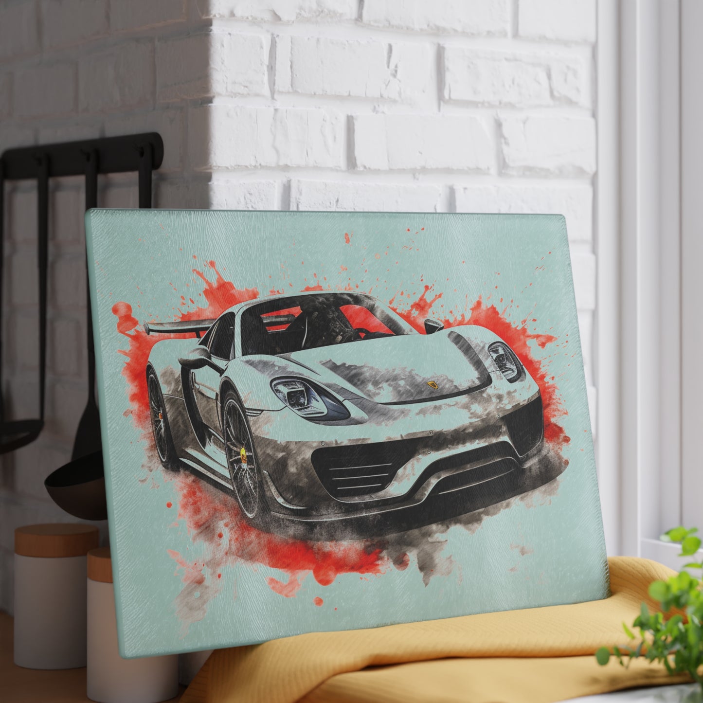 Glass Cutting Board 918 Spyder white background driving fast with water splashing 4