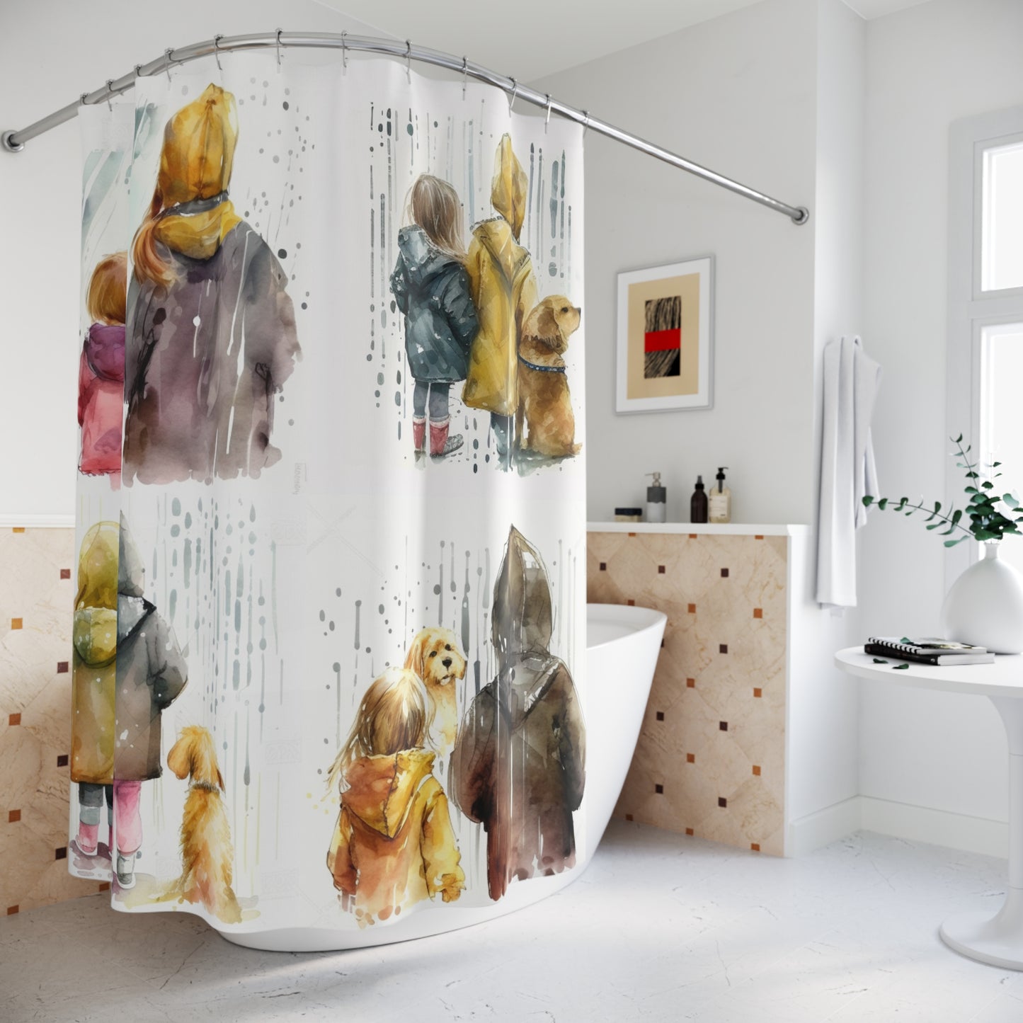 Polyester Shower Curtain girl rain watercolor 8