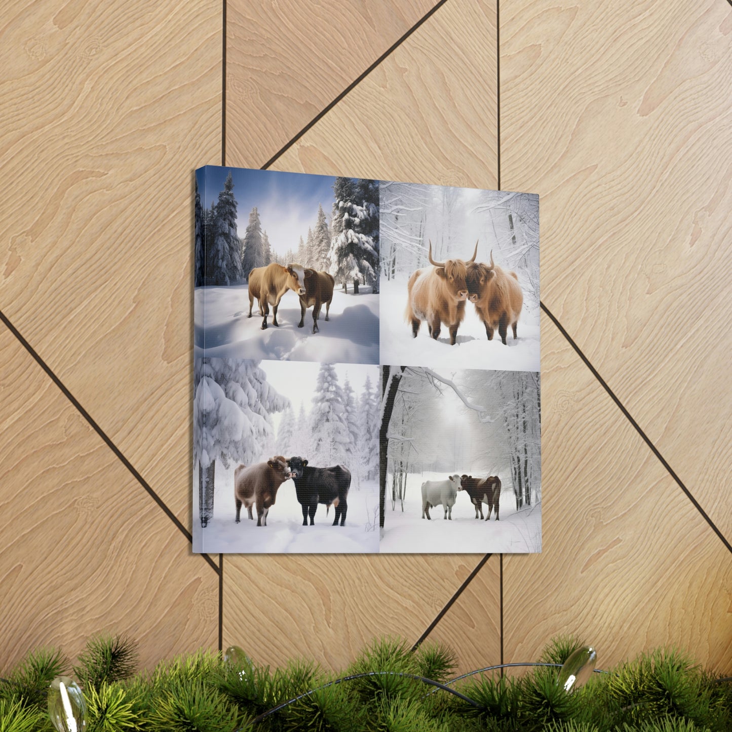 Canvas Gallery Wraps Long Haired Cow snow 4 Pack