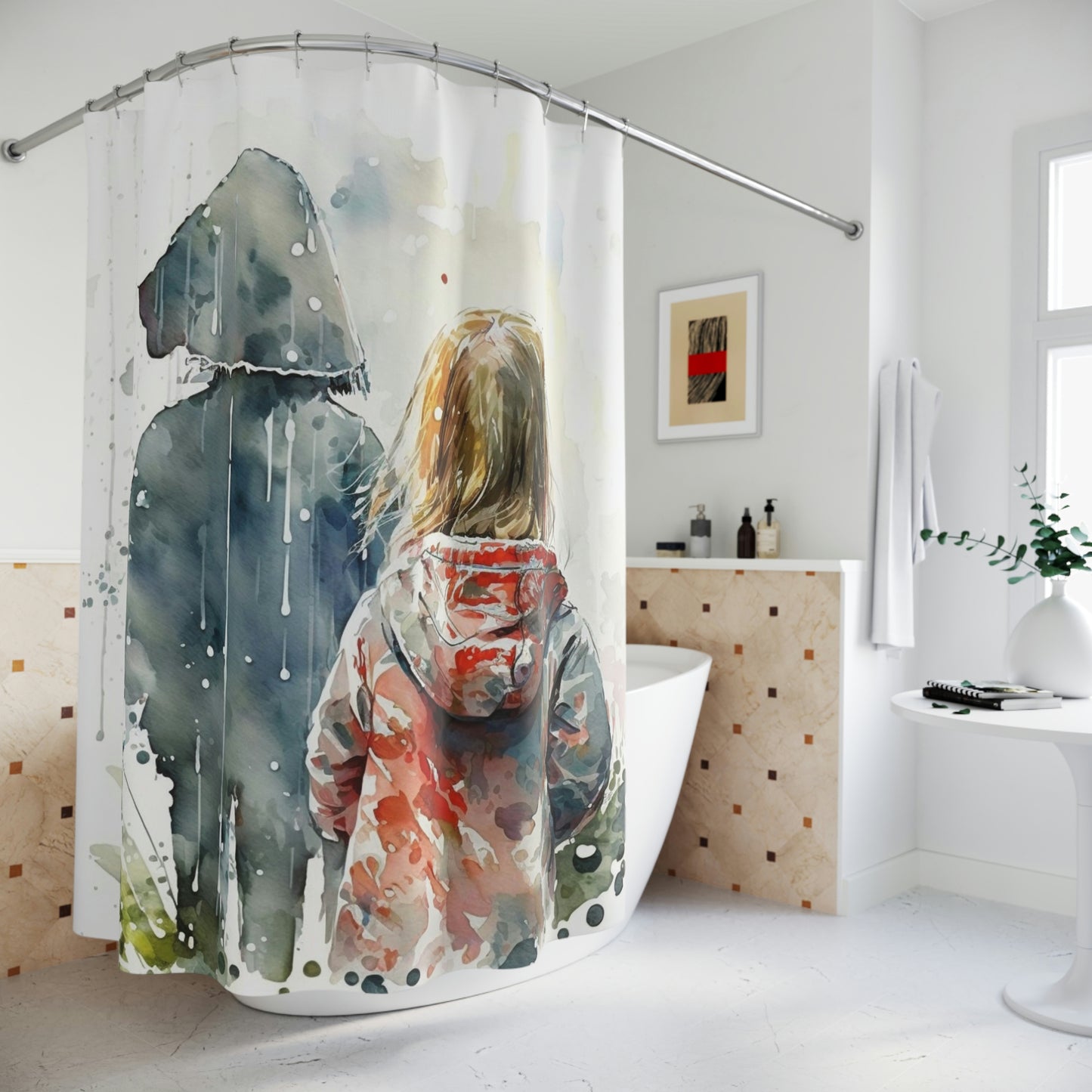 Polyester Shower Curtain girl rain watercolor 3