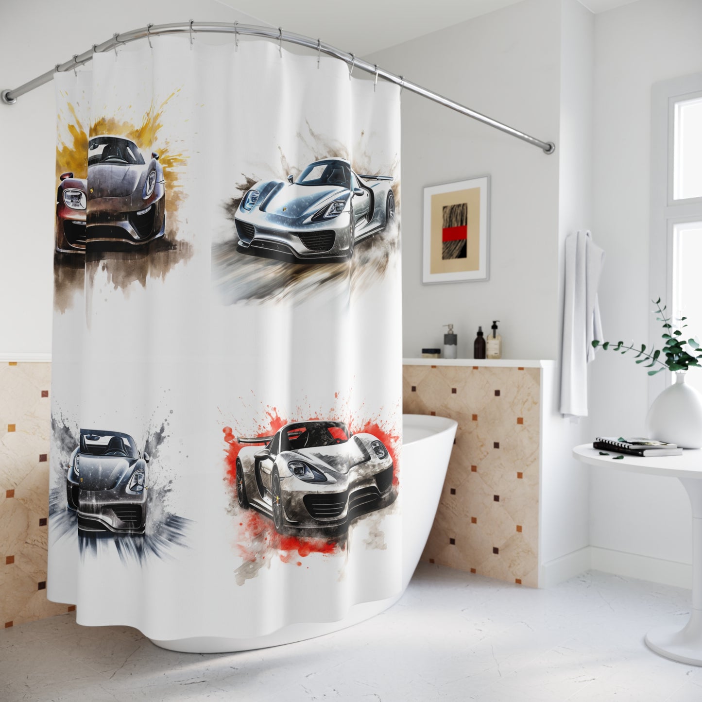Polyester Shower Curtain 918 Spyder white background driving fast with water splashing 5