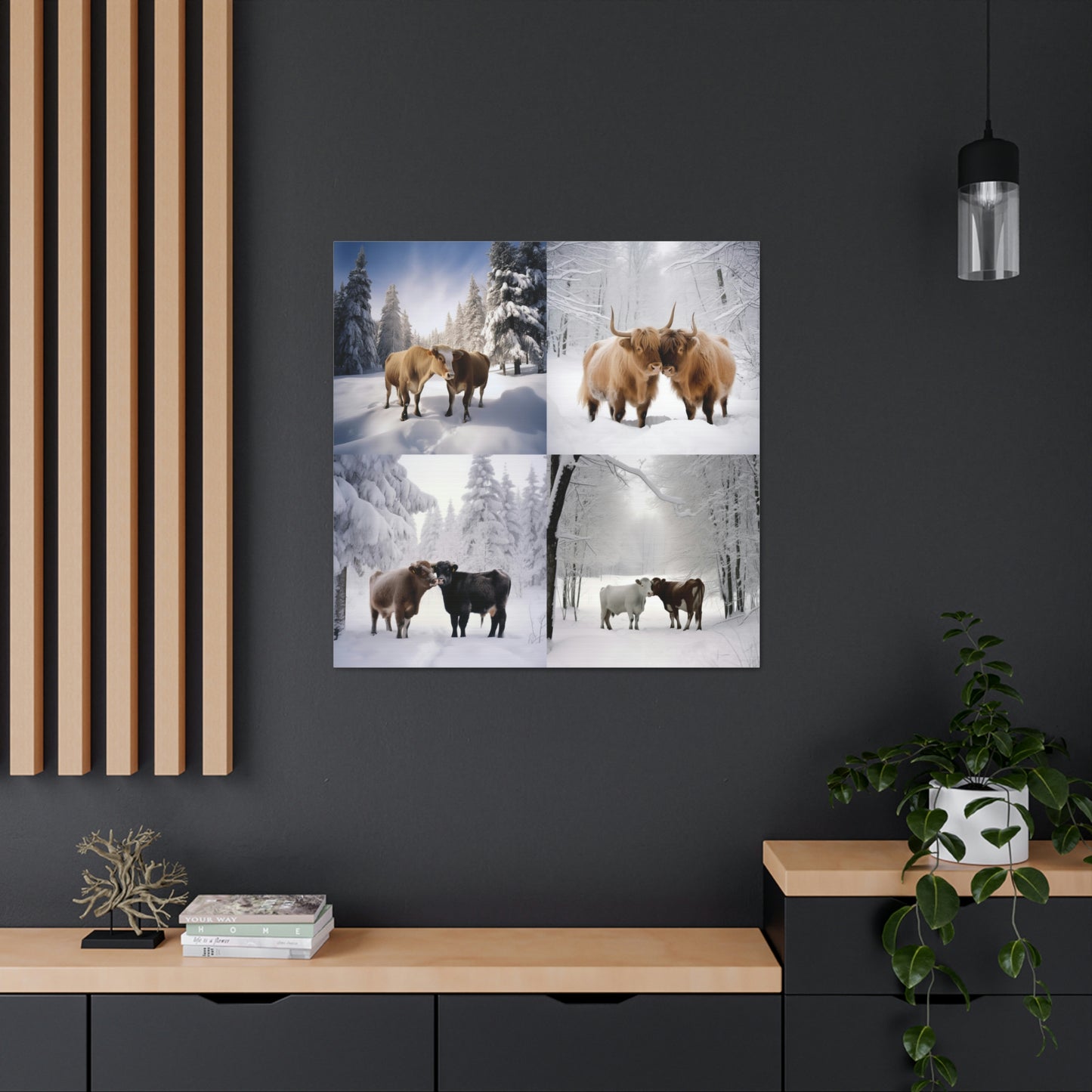 Canvas Gallery Wraps Long Haired Cow snow 4 Pack