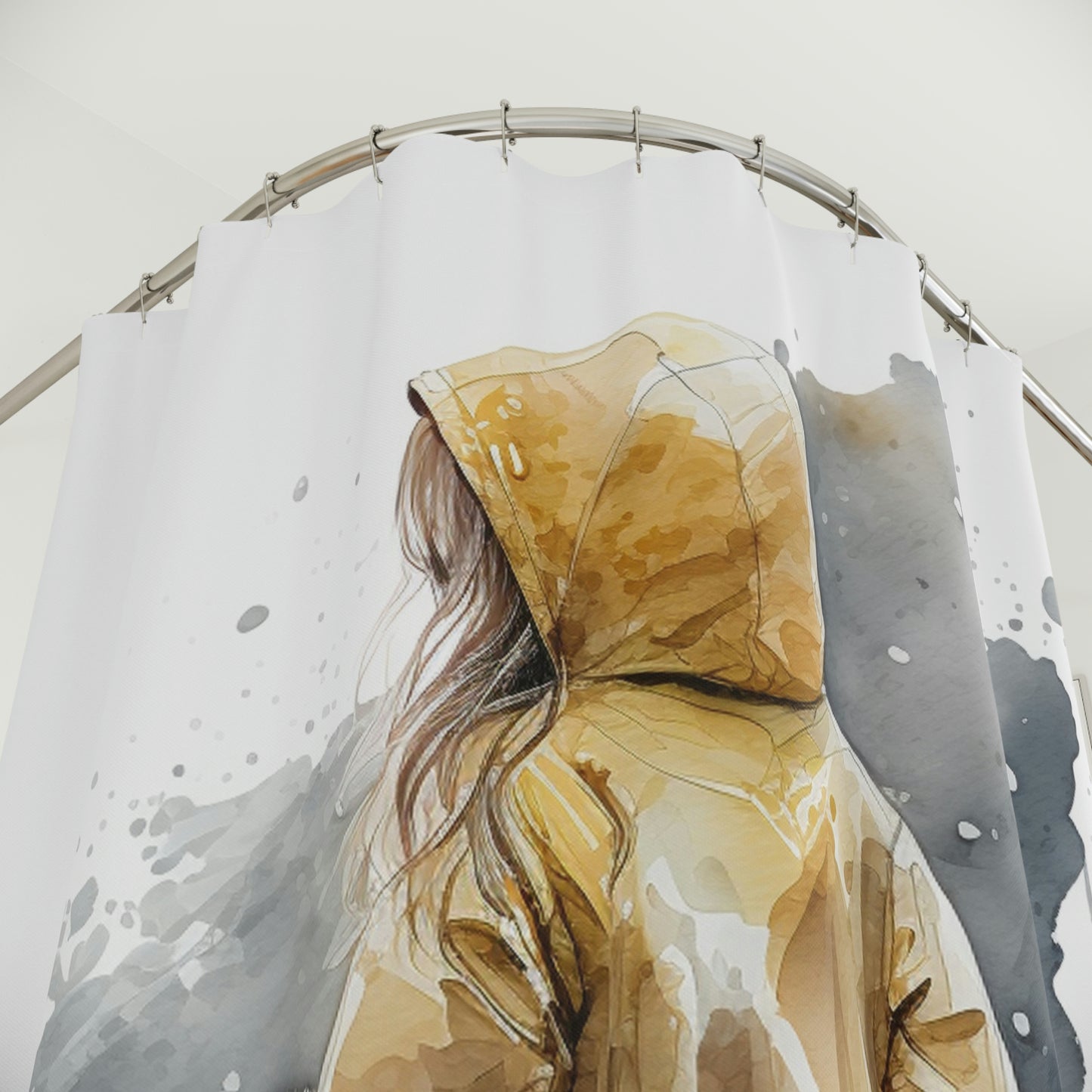Polyester Shower Curtain girl rain watercolor 4