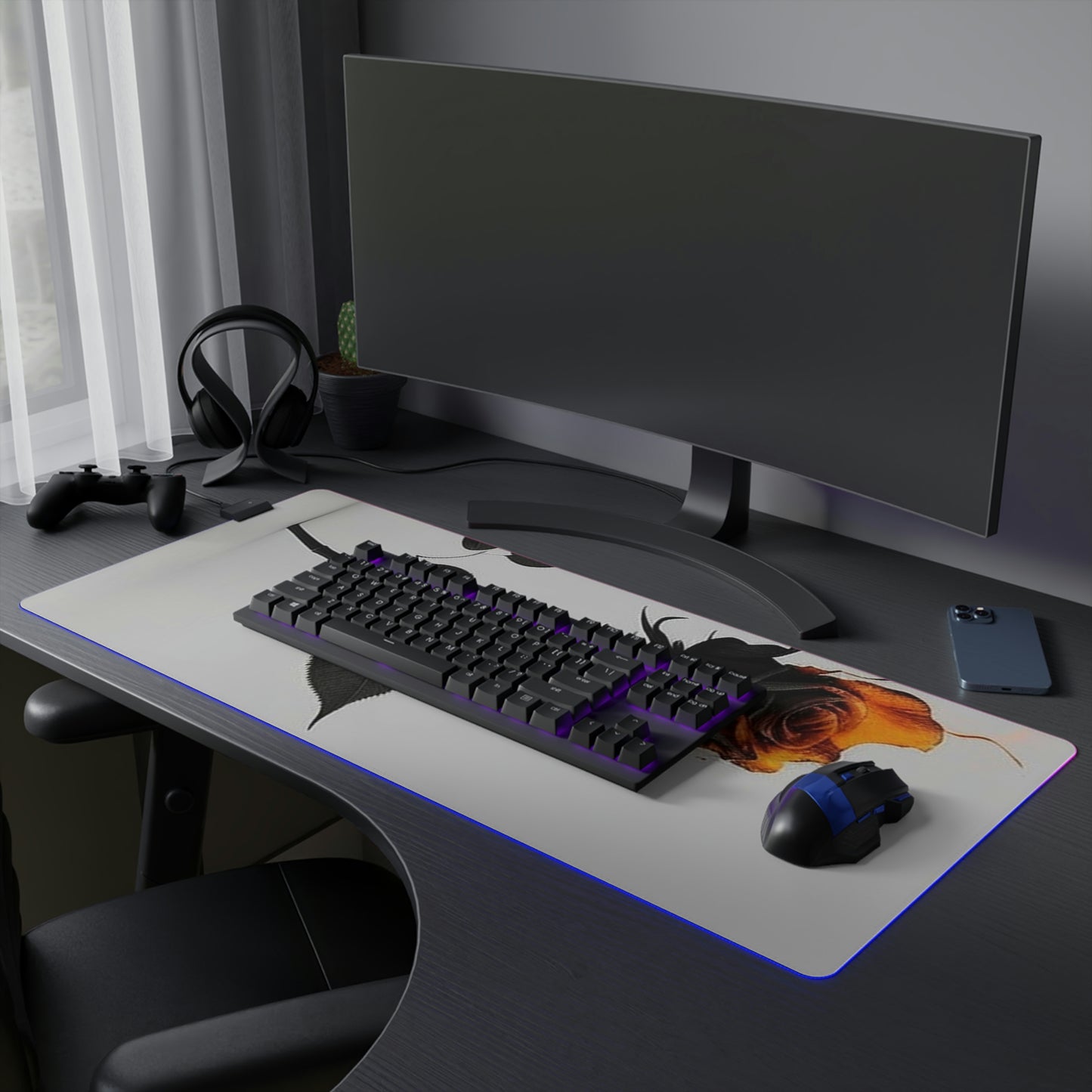 LED Gaming Mouse Pad Black Fire Rose 2