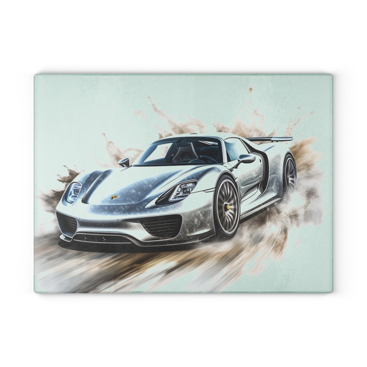 Glass Cutting Board 918 Spyder white background driving fast with water splashing 2