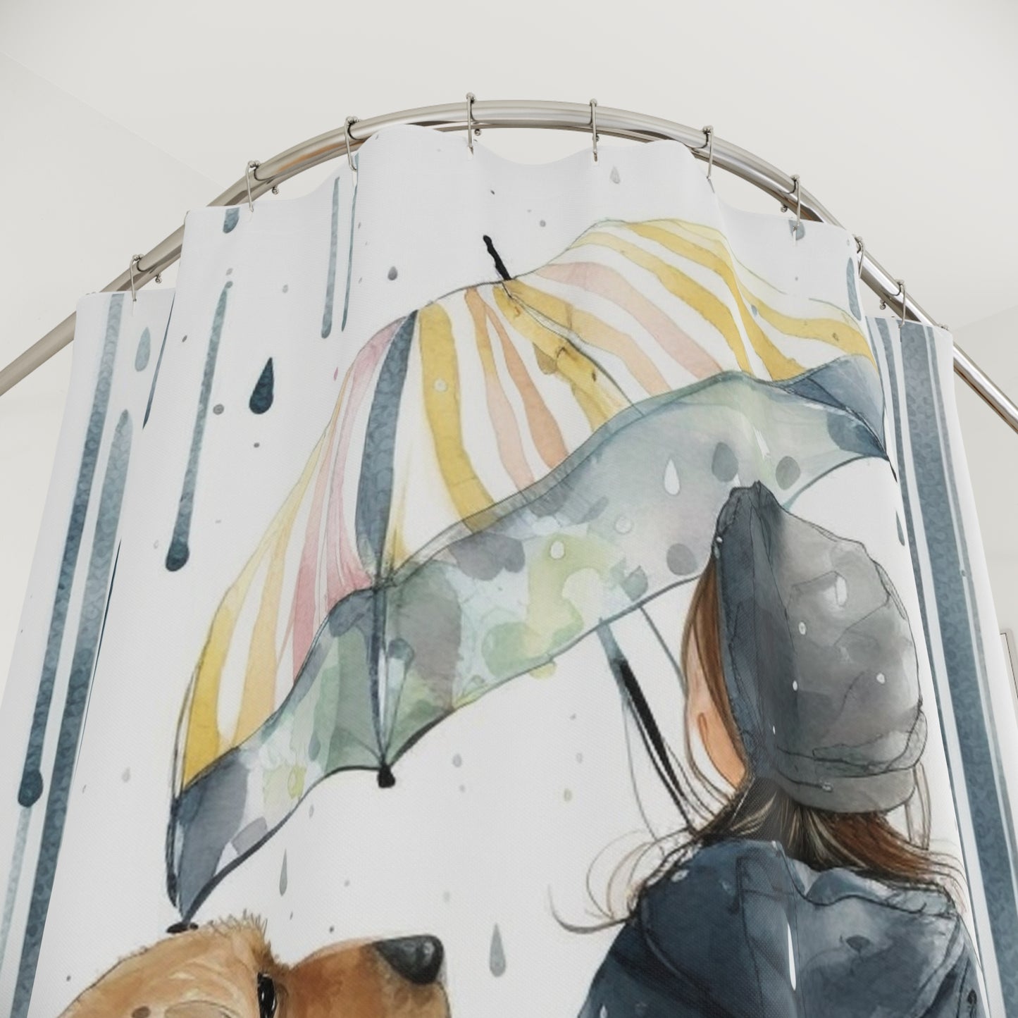 Polyester Shower Curtain girl rain watercolor 6