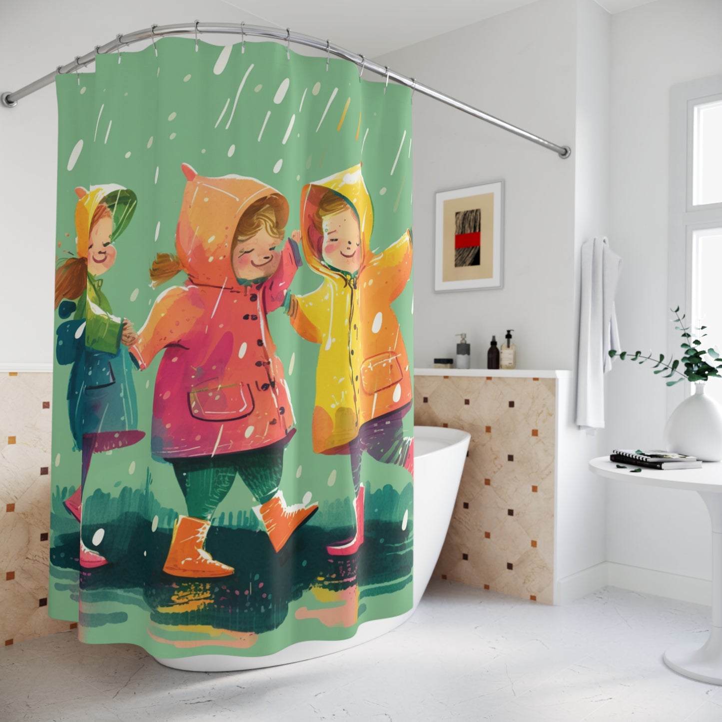 Polyester Shower Curtain kids dancing rain 6