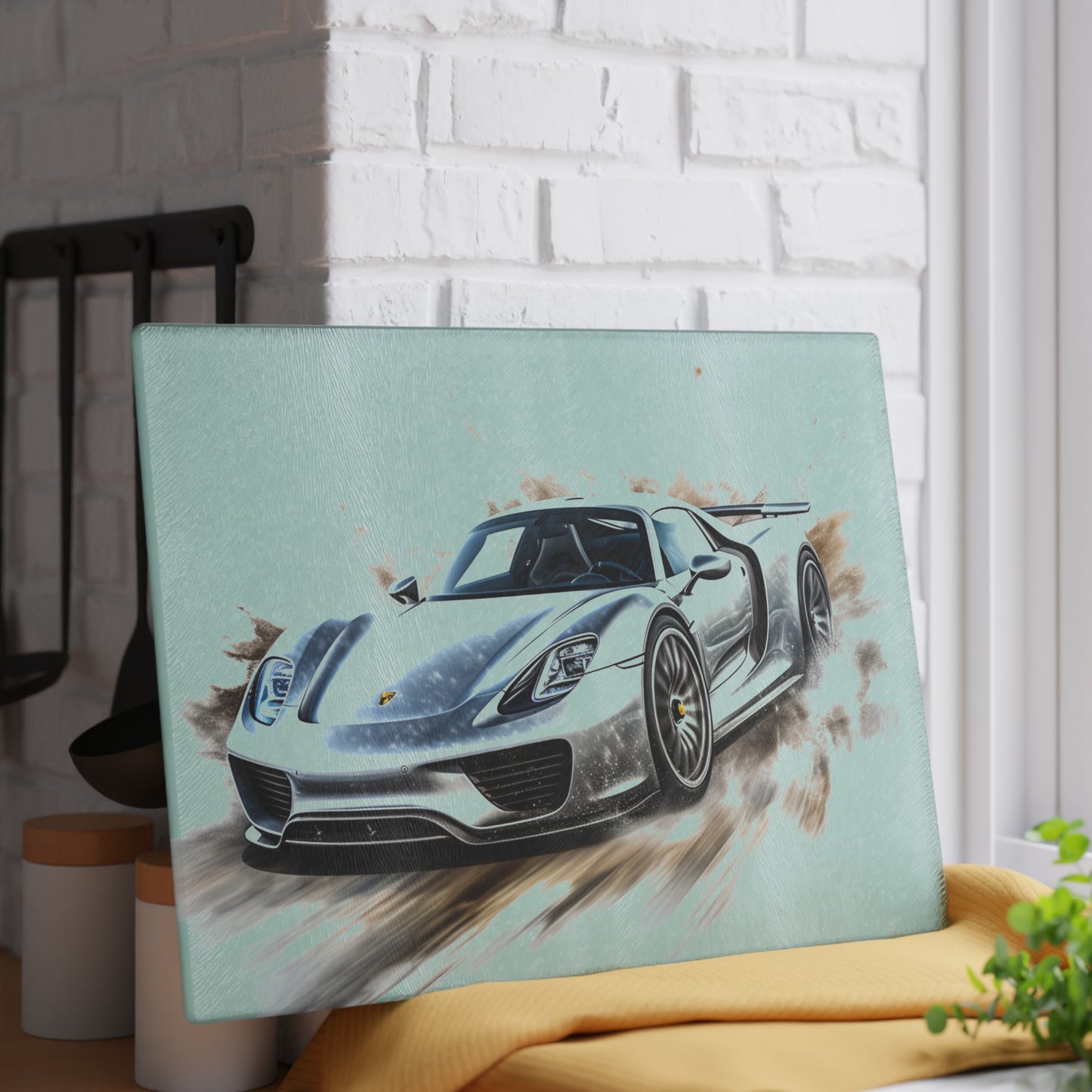 Glass Cutting Board 918 Spyder white background driving fast with water splashing 2