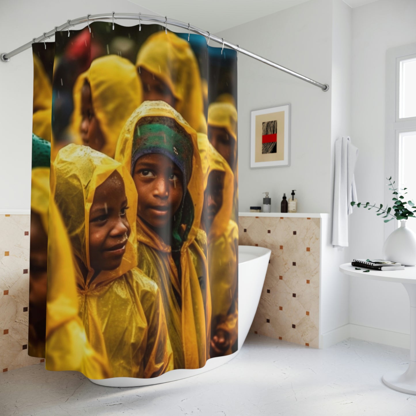 Polyester Shower Curtain Yellow Raincoat kids 4