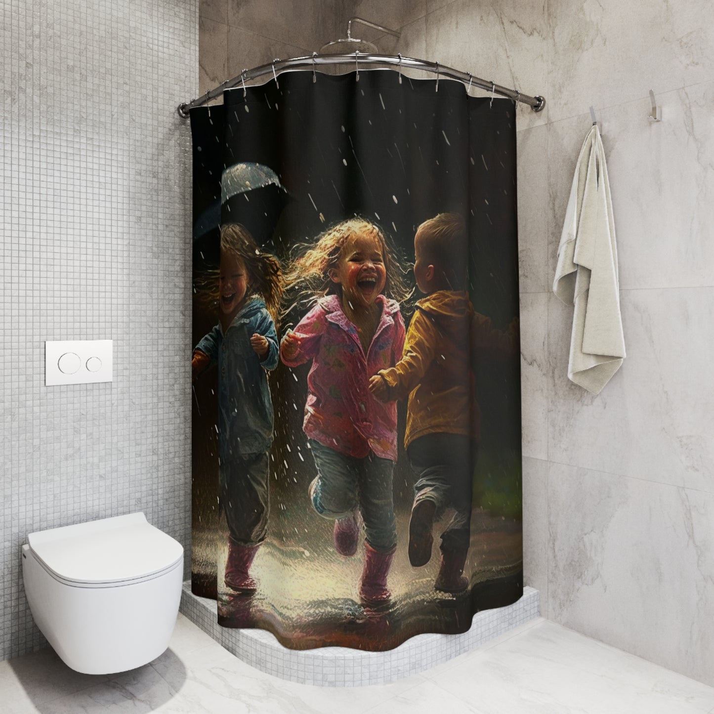 Polyester Shower Curtain kids dancing in the rain 7