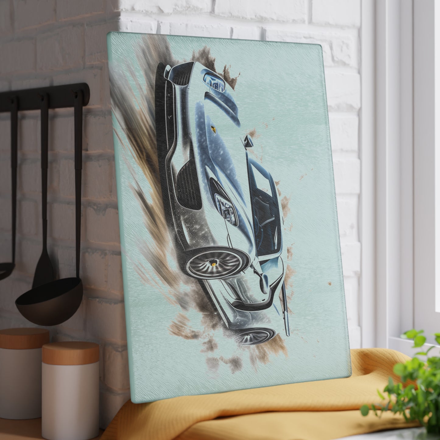 Glass Cutting Board 918 Spyder white background driving fast with water splashing 2