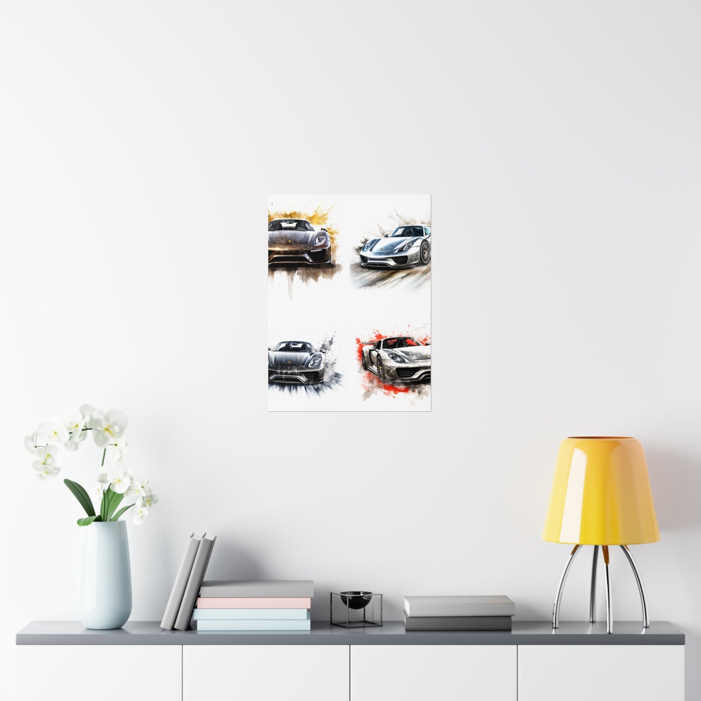 Premium Matte Vertical Posters 918 Spyder white background driving fast with water splashing 5