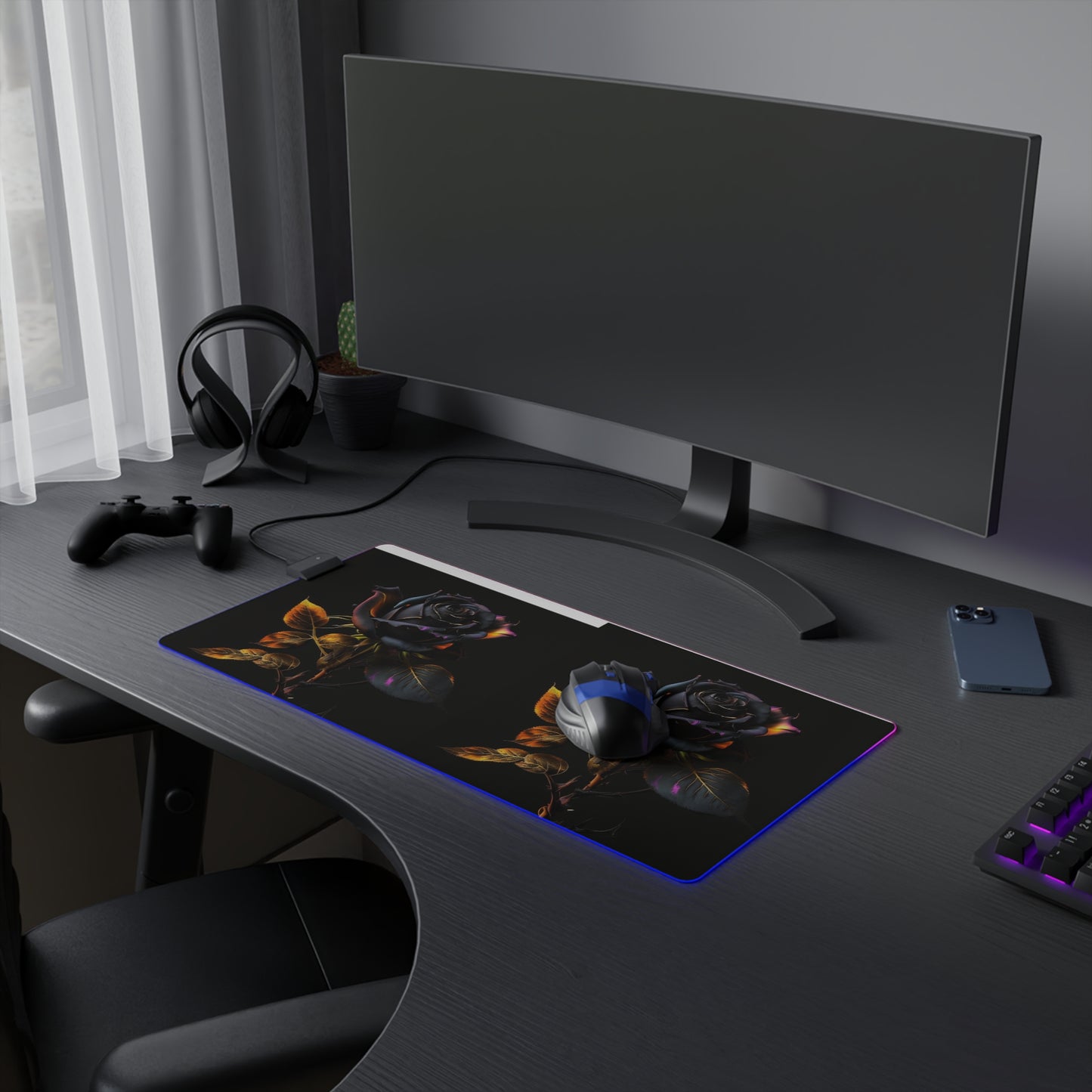 LED Gaming Mouse Pad Black Glod Rose