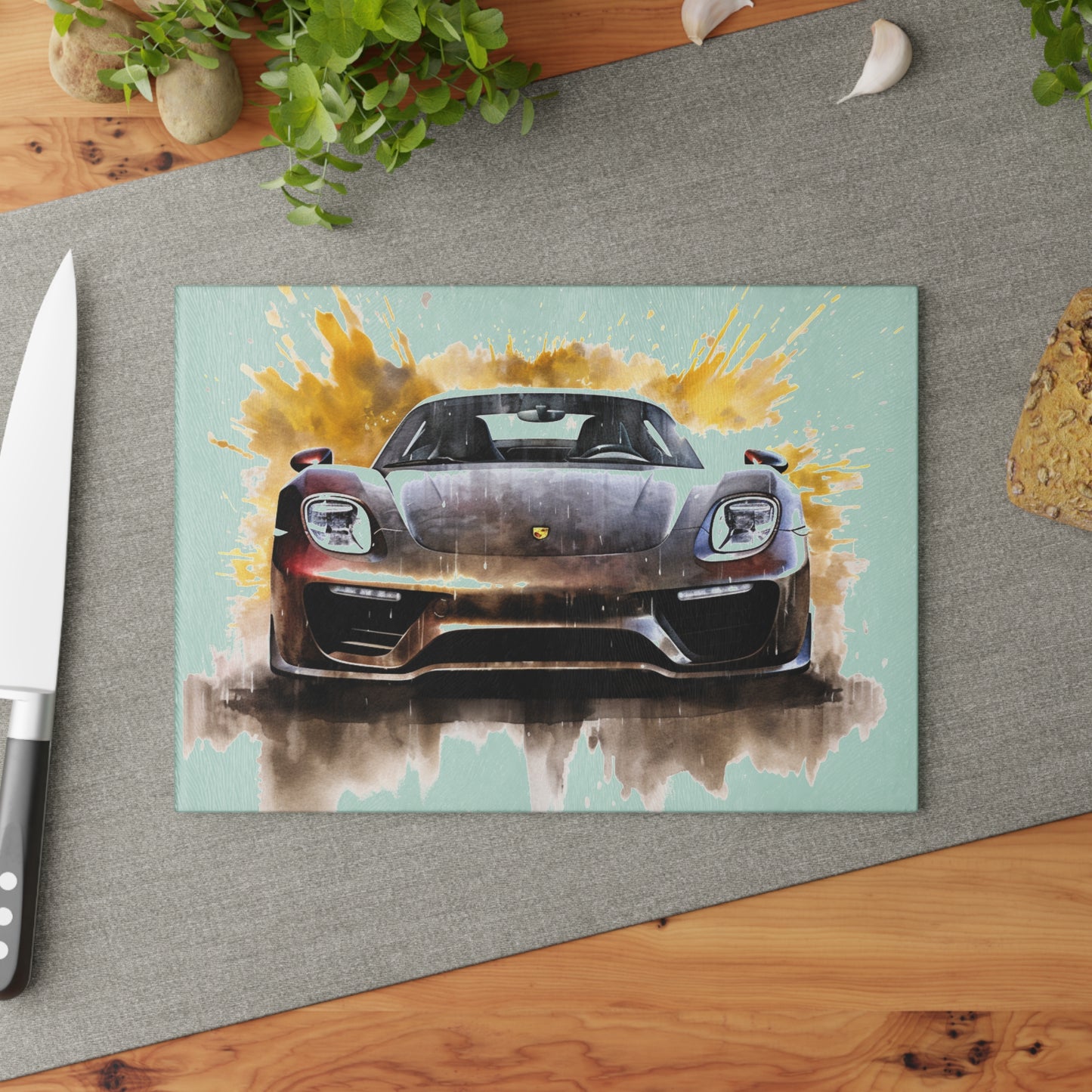 Glass Cutting Board 918 Spyder white background driving fast with water splashing 1