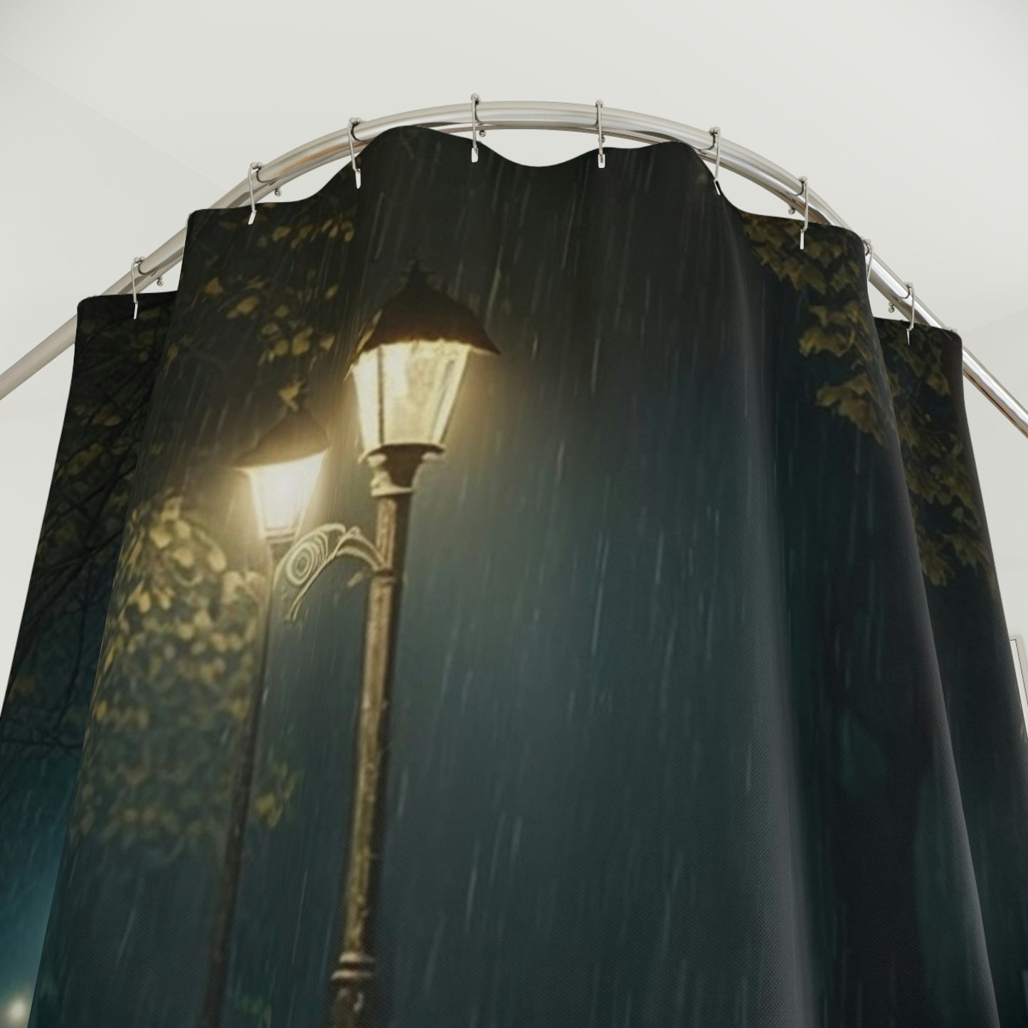 Polyester Shower Curtain rain bench night 1