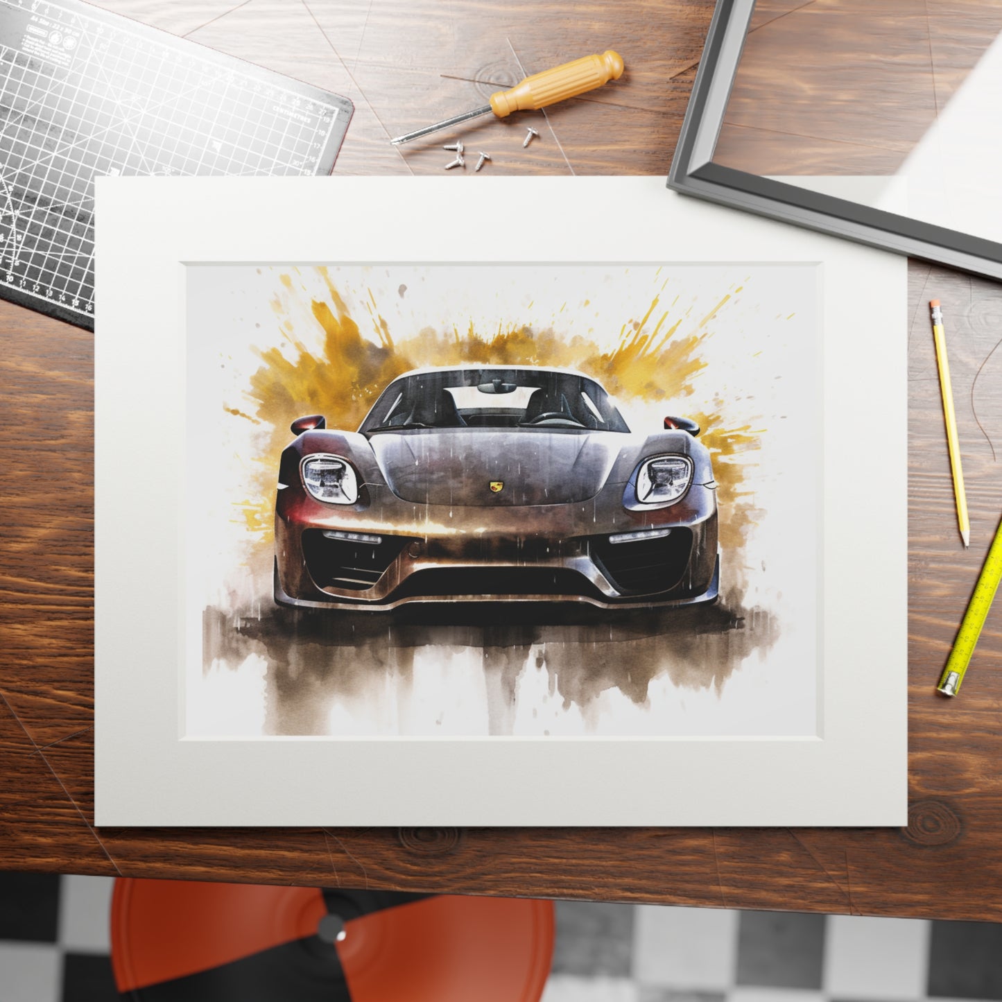 Fine Art Prints (Passepartout Paper Frame) 918 Spyder white background driving fast with water splashing 1