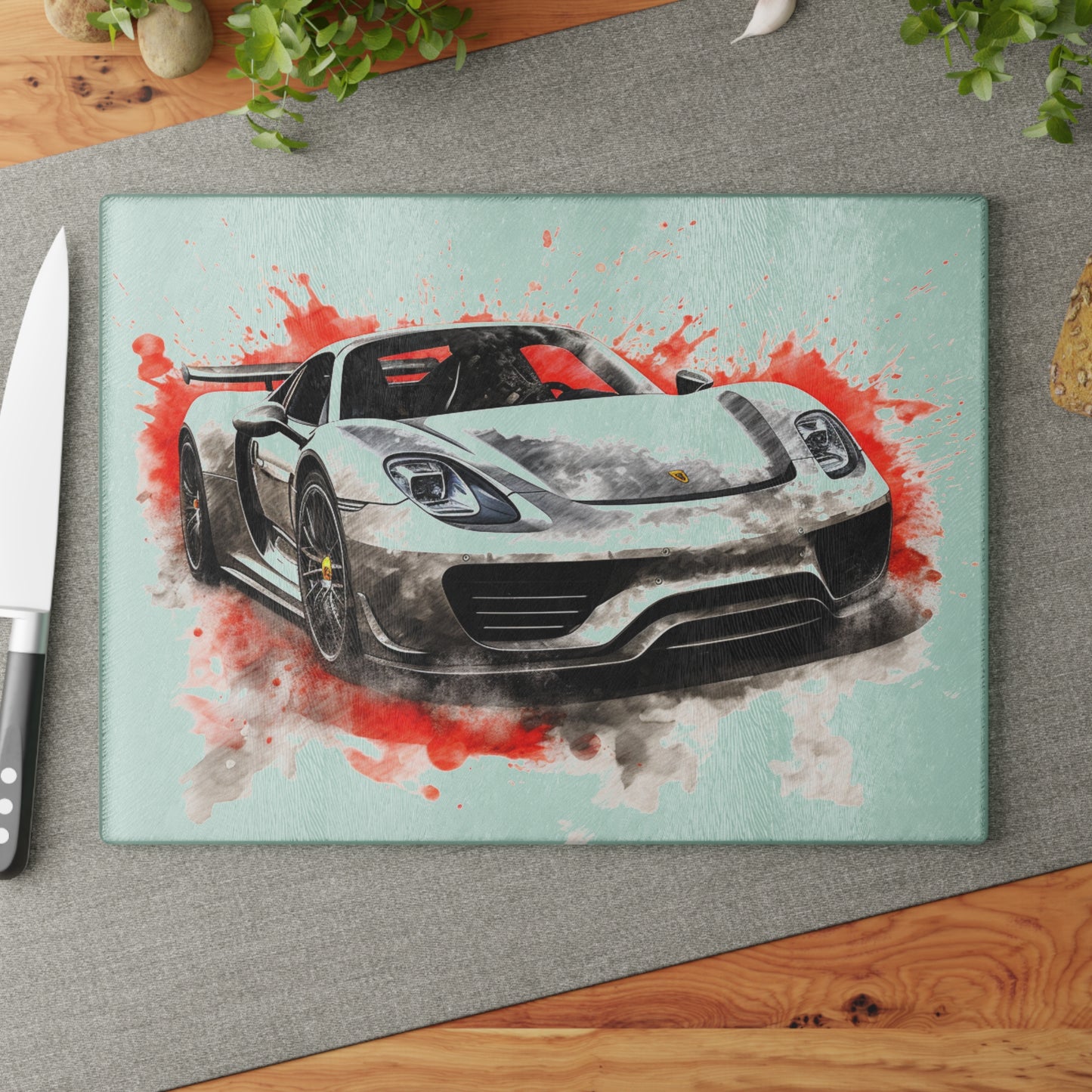 Glass Cutting Board 918 Spyder white background driving fast with water splashing 4