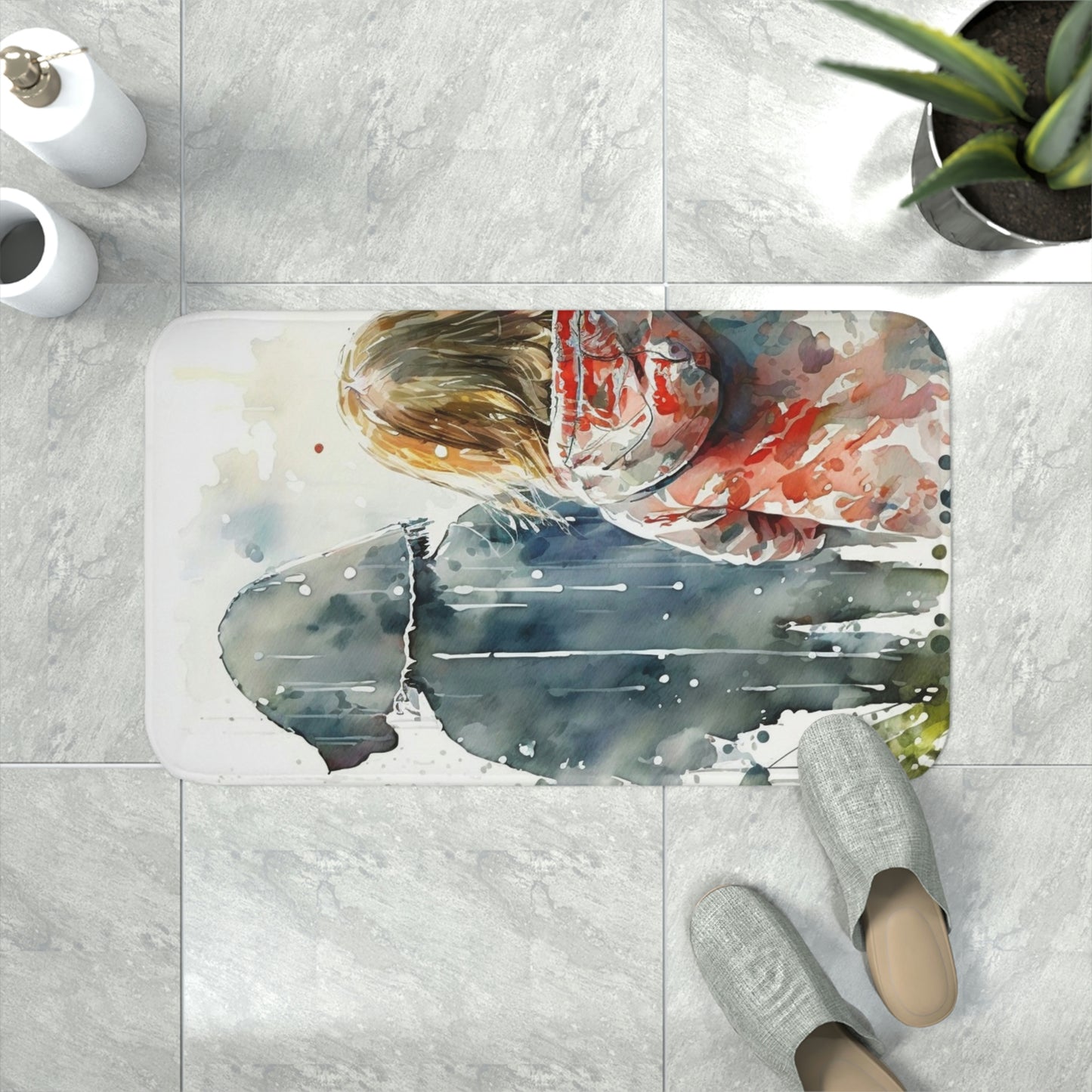 Memory Foam Bath Mat girl rain watercolor 3