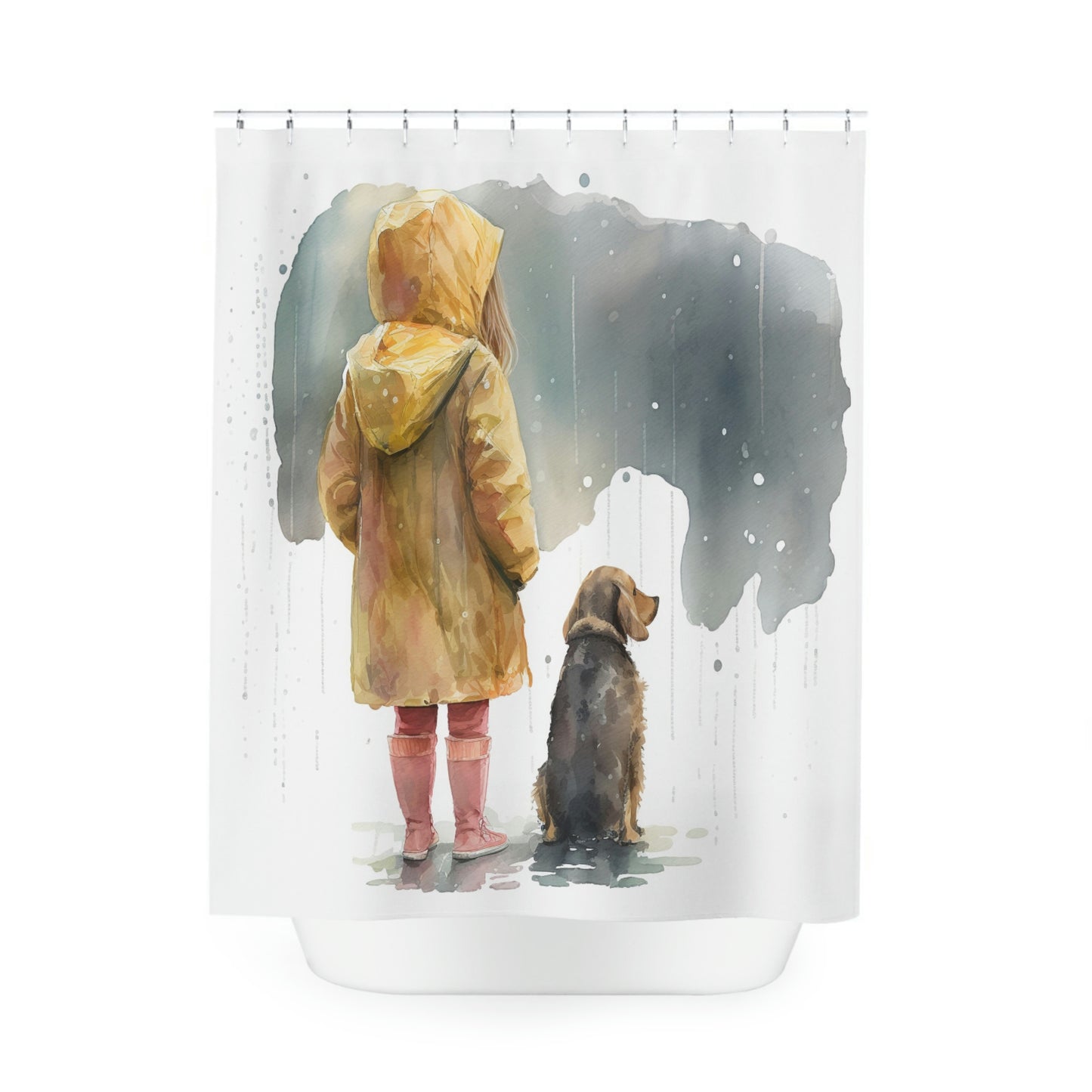Polyester Shower Curtain girl rain watercolor 1