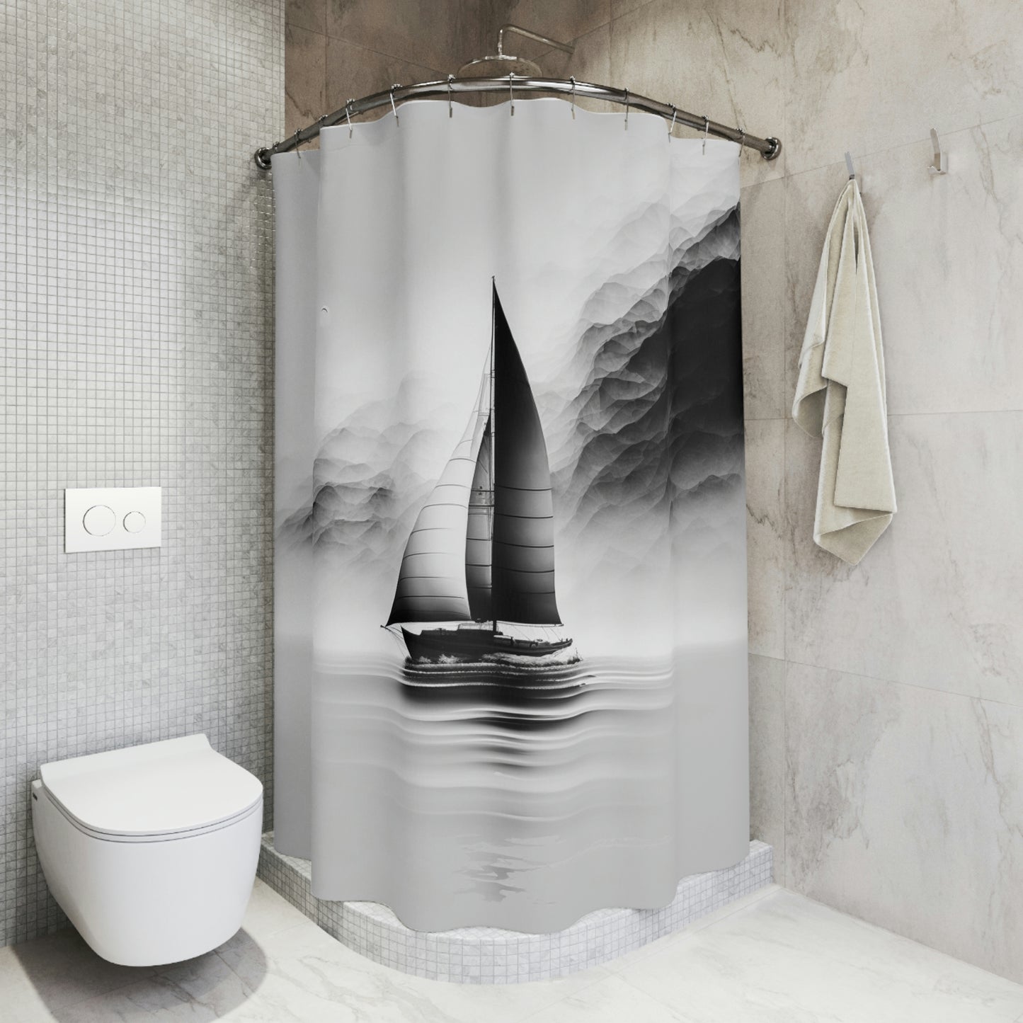 Polyester Shower Curtain black and white sailboat