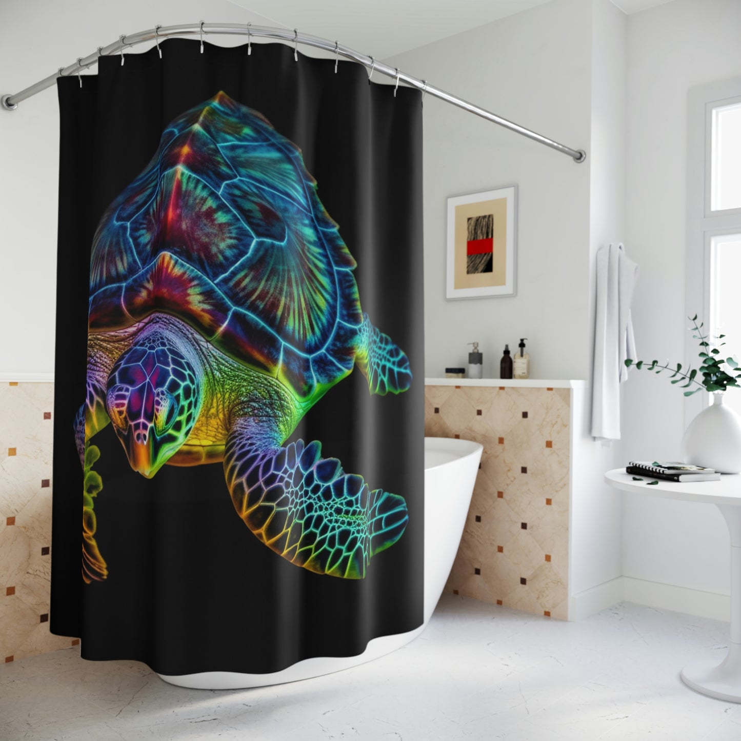 Polyester Shower Curtain neon sea turtle 1