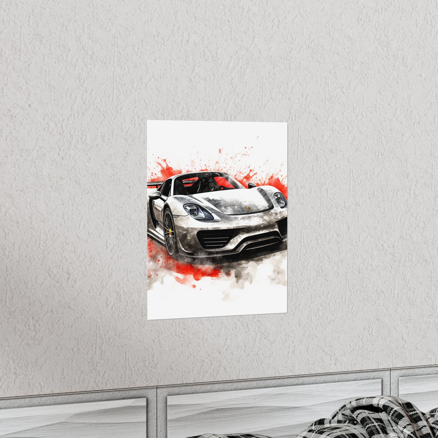 Premium Matte Vertical Posters 918 Spyder white background driving fast with water splashing 4