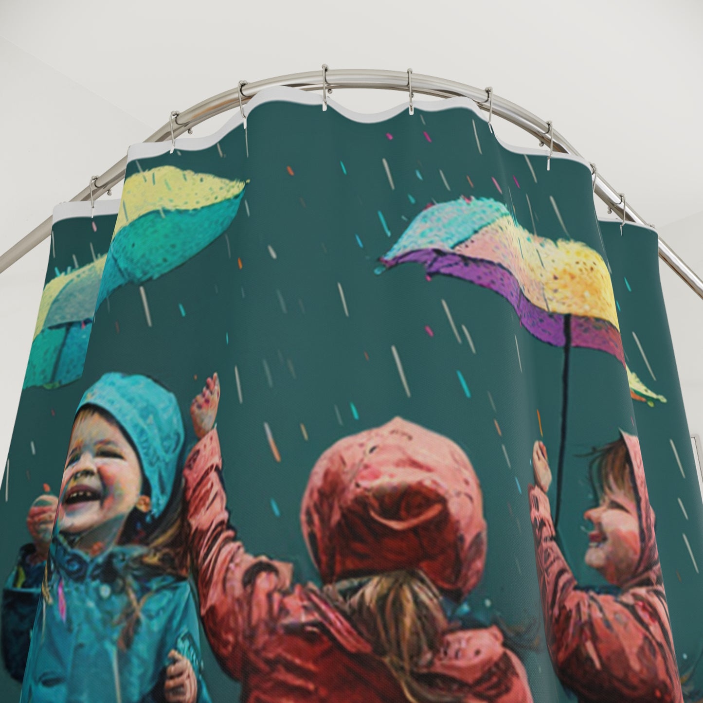 Polyester Shower Curtain kids dancing rain 1