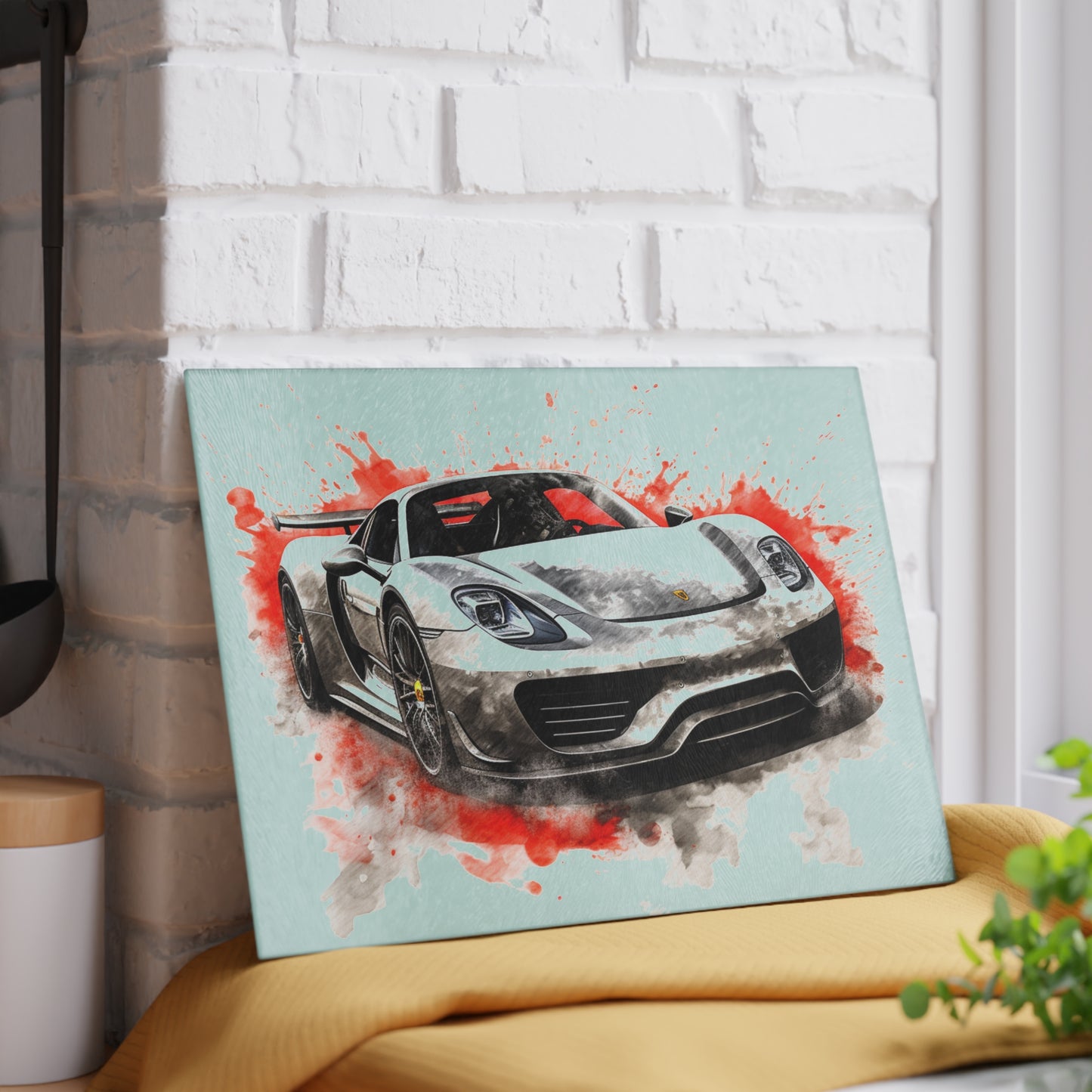 Glass Cutting Board 918 Spyder white background driving fast with water splashing 4