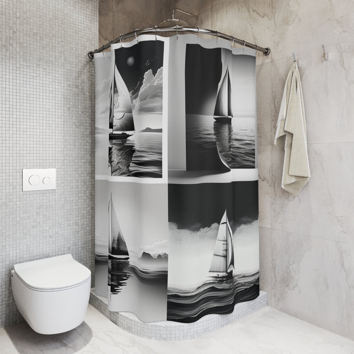 Polyester Shower Curtain black and white sailboat 4 pack