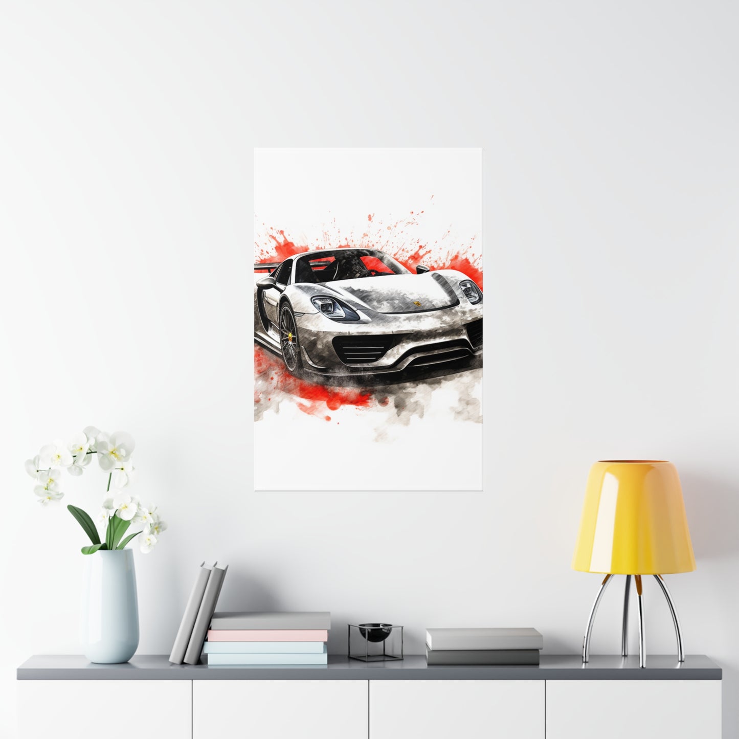 Premium Matte Vertical Posters 918 Spyder white background driving fast with water splashing 4