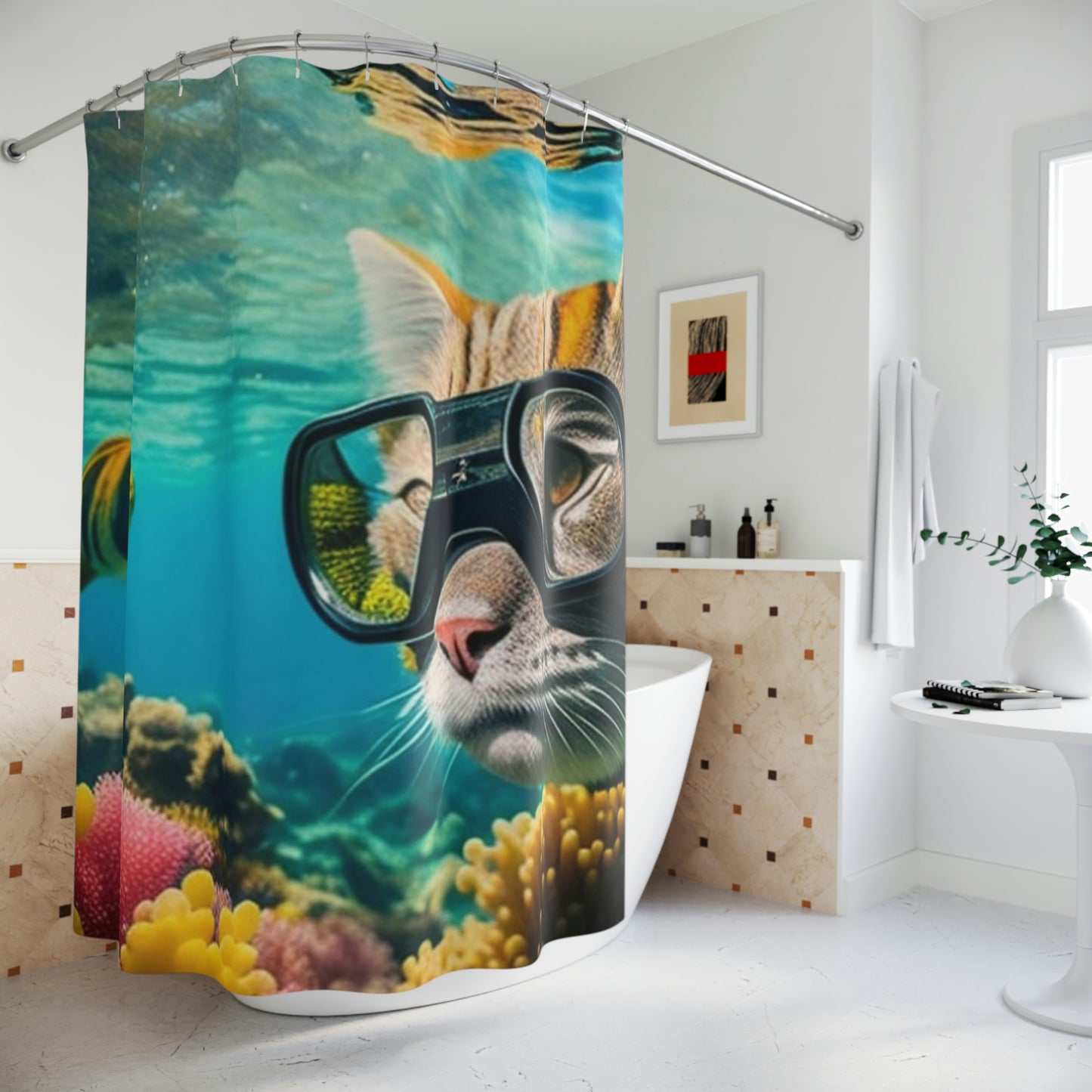 Polyester Shower Curtain scuba cat 1