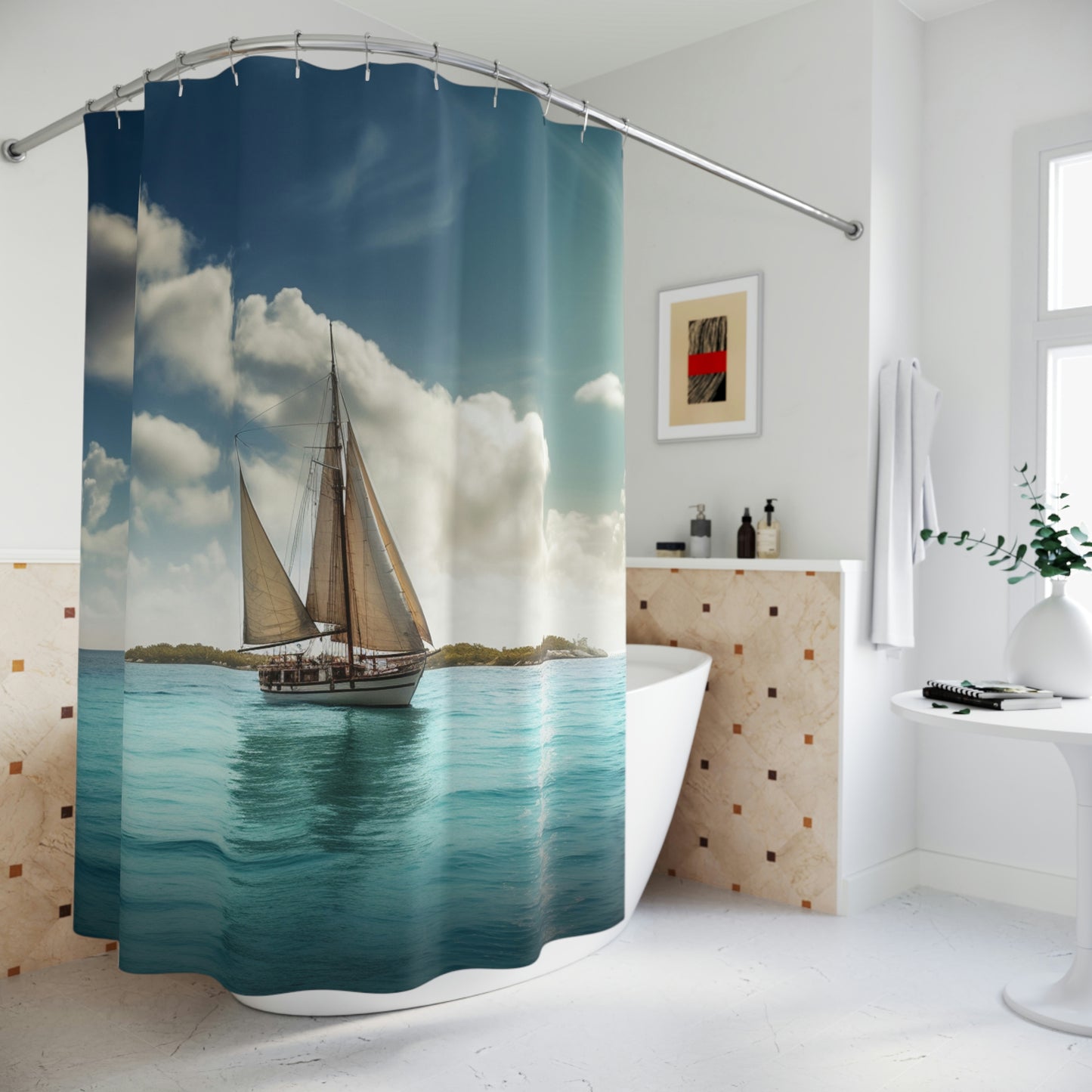 Polyester Shower Curtain sailboat blue 1