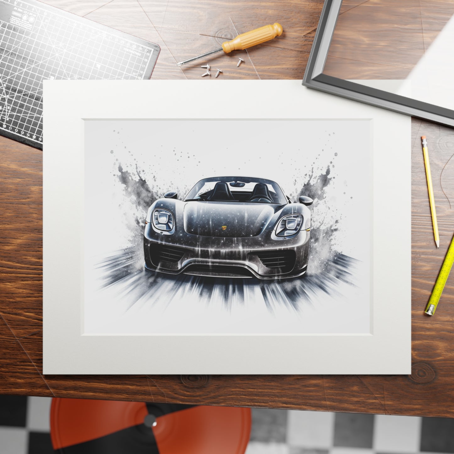 Fine Art Prints (Passepartout Paper Frame) 918 Spyder white background driving fast with water splashing 3