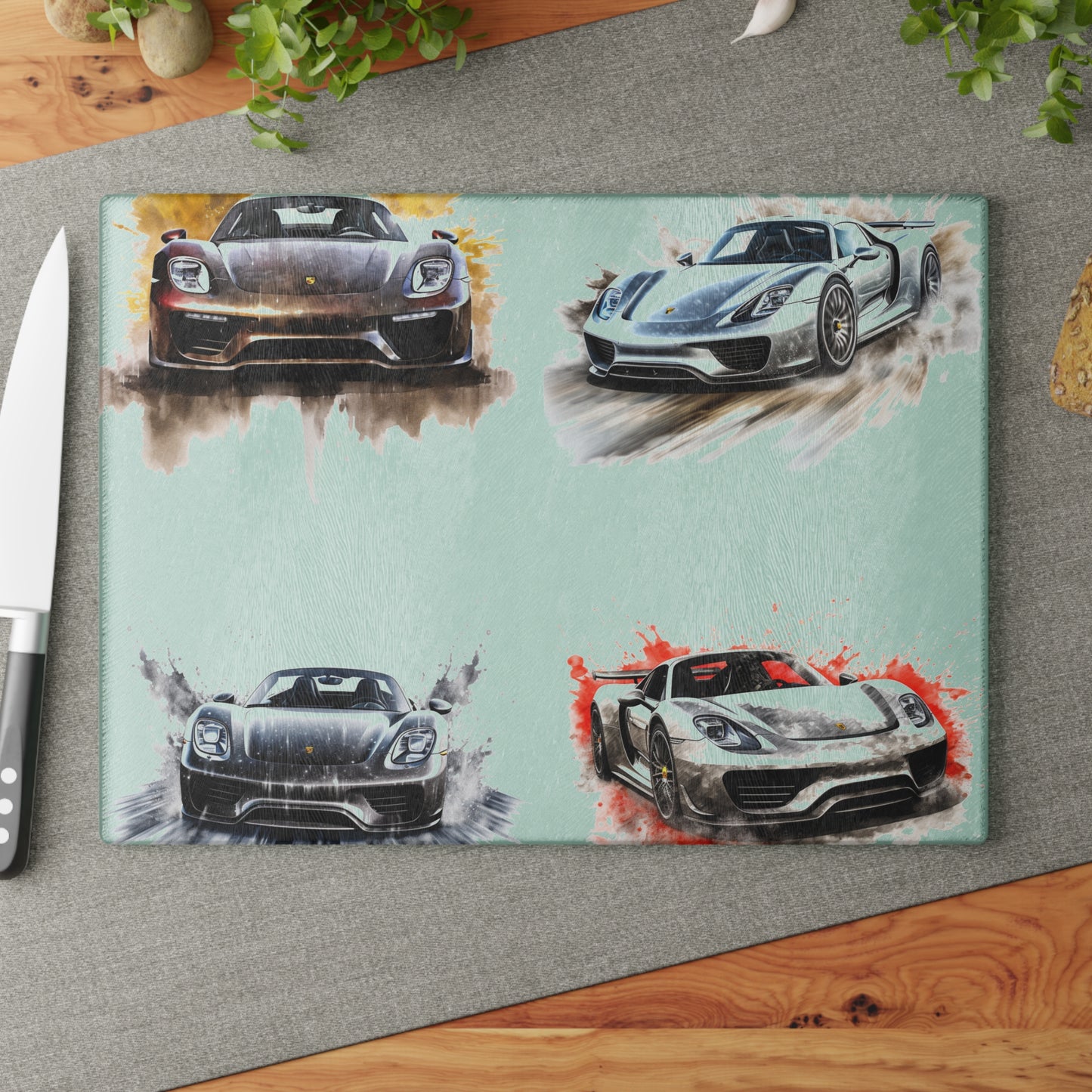 Glass Cutting Board 918 Spyder white background driving fast with water splashing 5