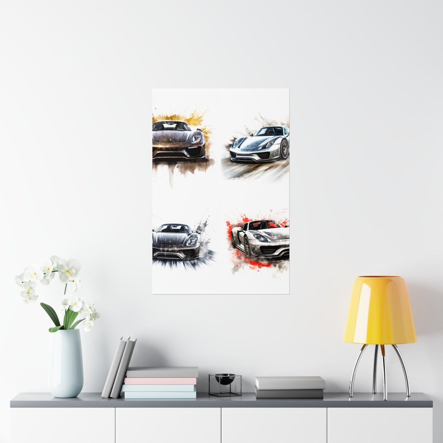 Premium Matte Vertical Posters 918 Spyder white background driving fast with water splashing 5