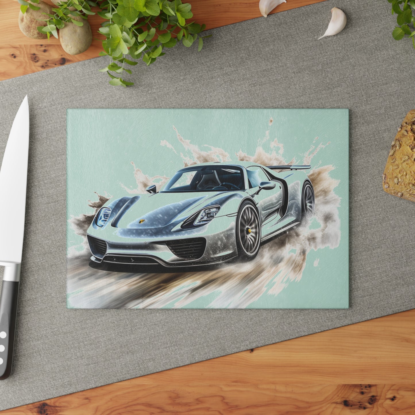 Glass Cutting Board 918 Spyder white background driving fast with water splashing 2