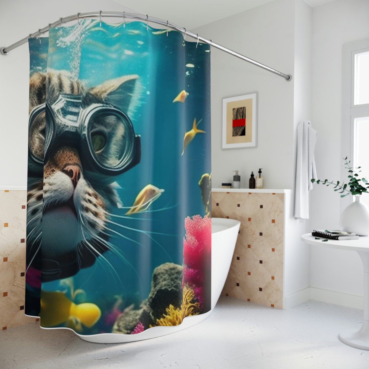 Polyester Shower Curtain scuba cat 2