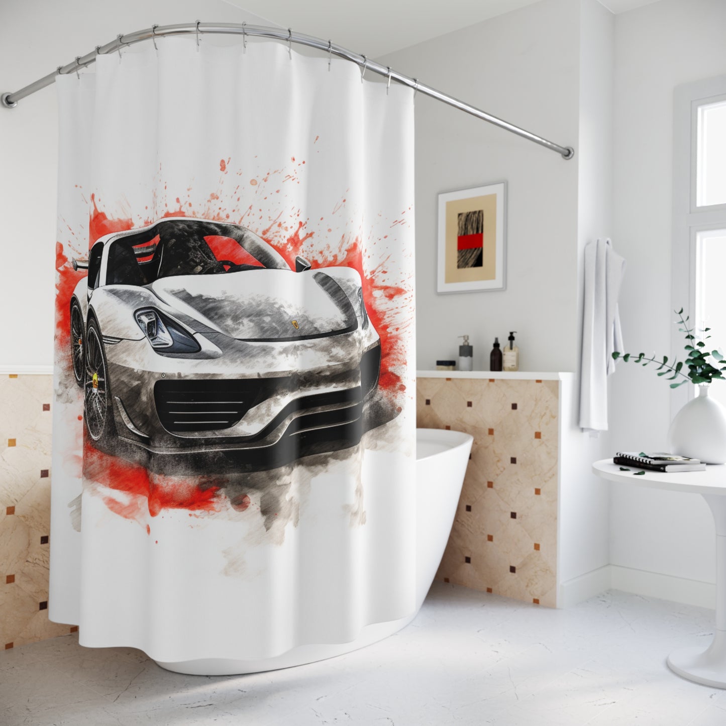 Polyester Shower Curtain 918 Spyder white background driving fast with water splashing 4